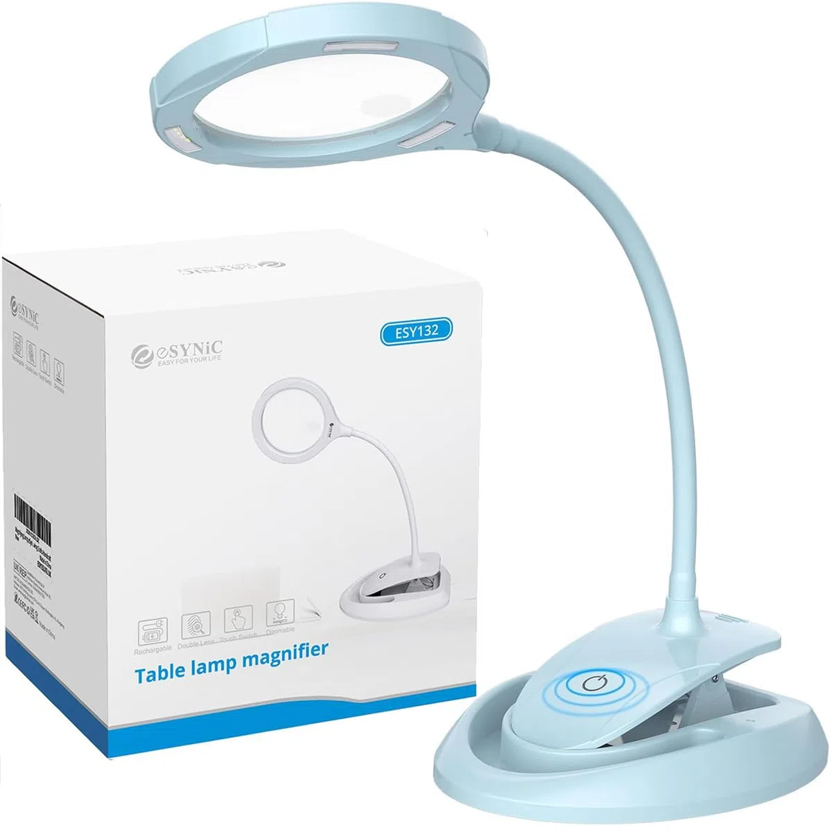 eSynic Lámpara de Aumento de 5X 10X LED Recargable Lupa Lámpara con Abrazada de Metal Lente de Lupa de Vidrio Óptico Iluminado y 3 Configuraciones de Luz Ajustable para Leer, Hobbies, Manualidades
