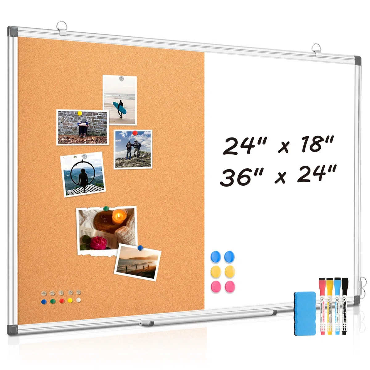 WALGLASS Combinación de pizarra blanca magnética y tablero de corcho, tablero de corcho de 24 x 18 pulgadas, combo de pizarra blanca para escuela, oficina y hogar, tablero de anuncios de borrado en