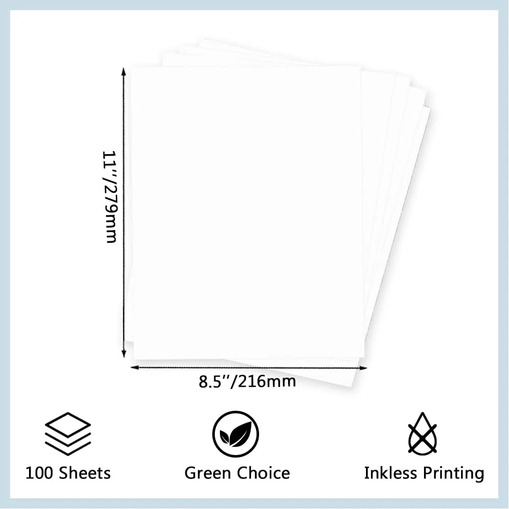 100 hojas de papel térmico individual de 8.5 x 11 pulgadas, color blanco, tamaño carta de EE. UU. para impresora portátil, compatible con impresora térmica, A285M/PD-A4/M08F-Letter/D810, etc