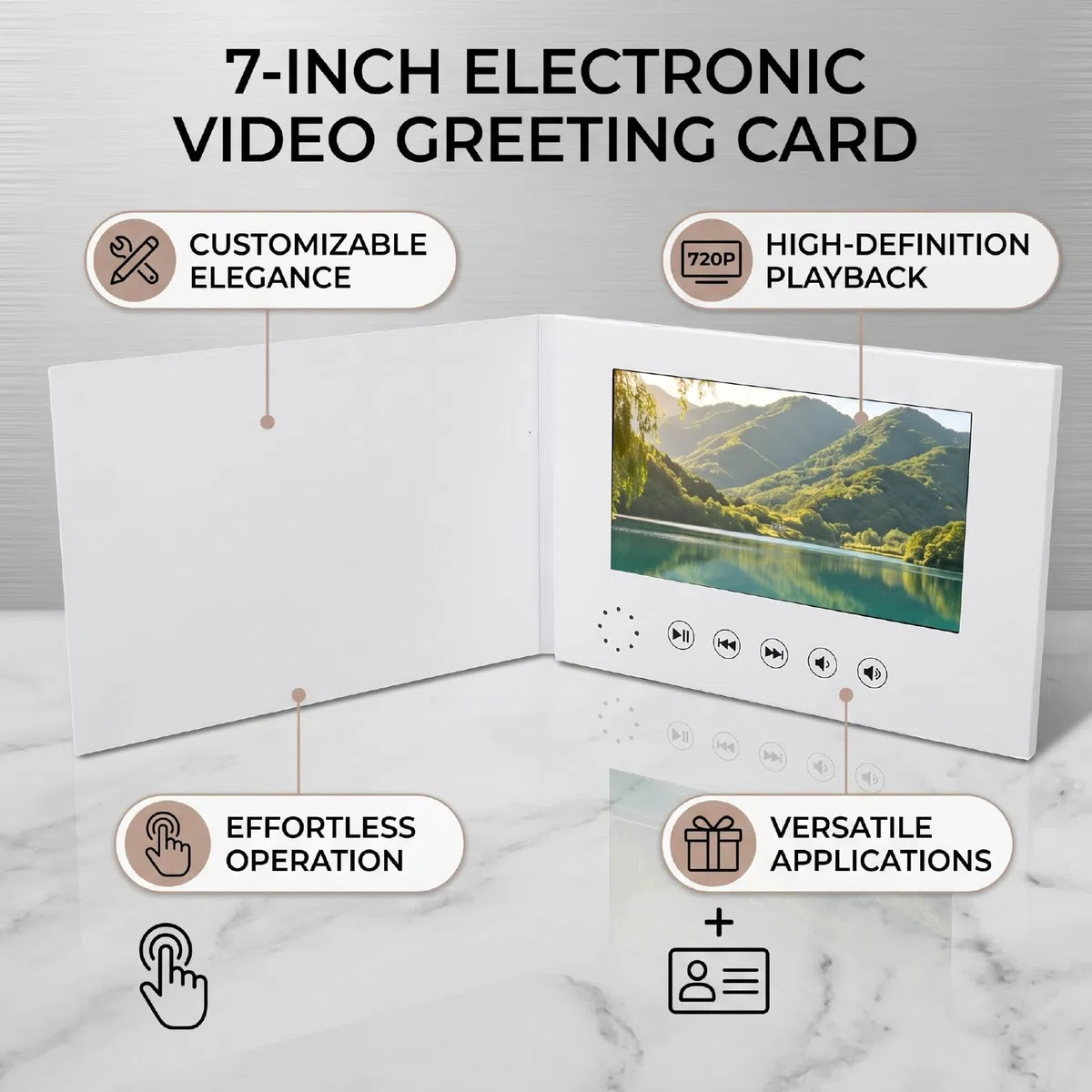 Karlak Tarjeta de Felicitación de Vídeo Electrónica 7 Pulgadas con Diseño Personalizable, Pantalla Vídeo Alta Definición 720P para Uso Personal y Marketing