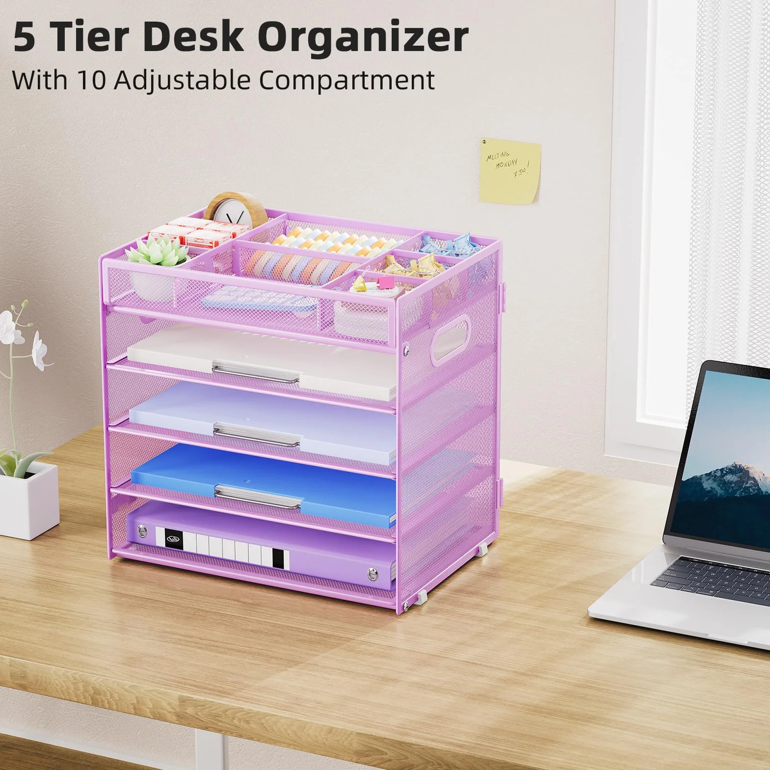 Marbrasse Organizador de Escritorio de Malla 5 Niveles, Bandeja para Papeles con Compartimentos Ajustables y Asa, Morado