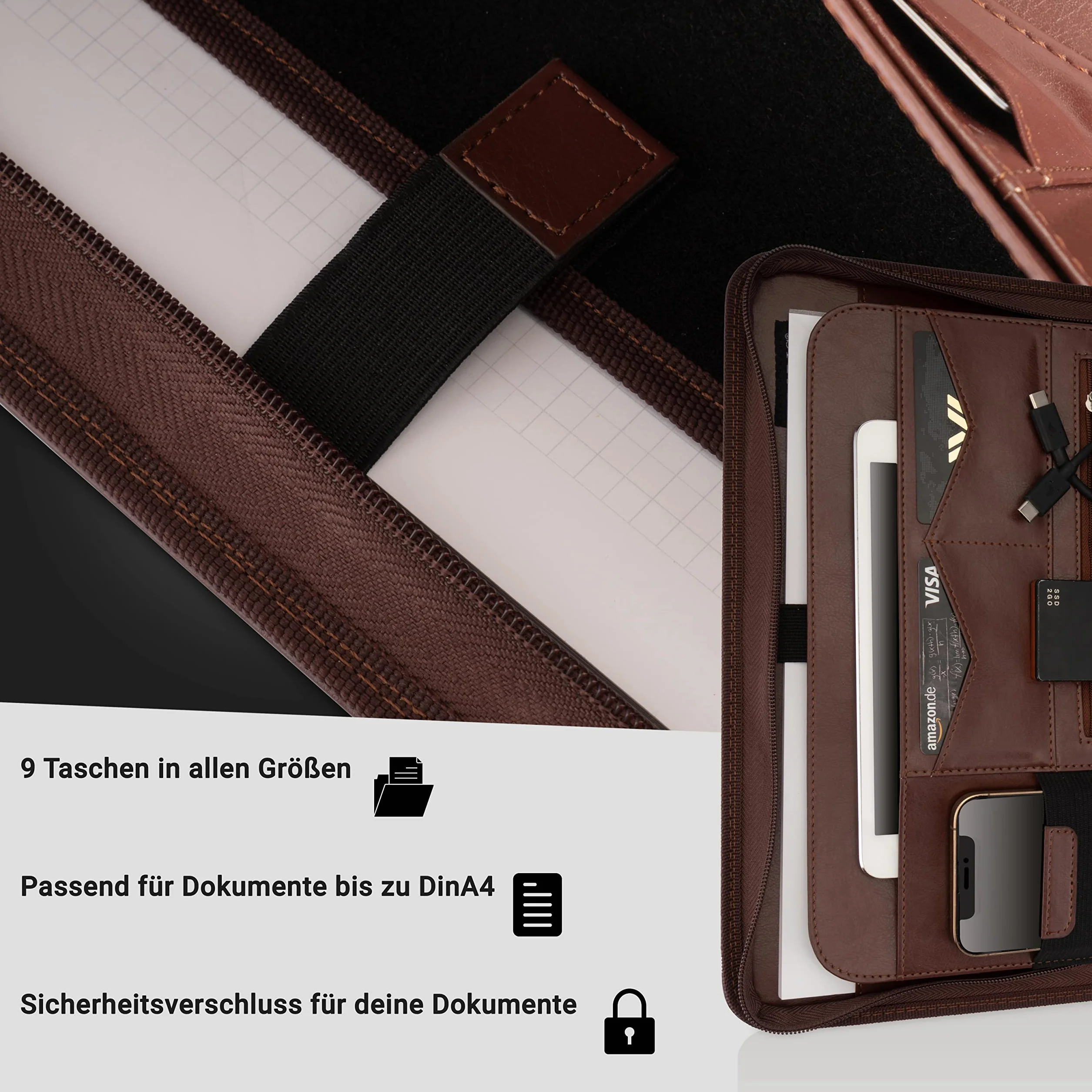 Carpeta A4 Premium con doble cremallera y compartimento para tablet de 13 pulgadas, iPad - Profesor profesional de piel sintética para hombre y mujer