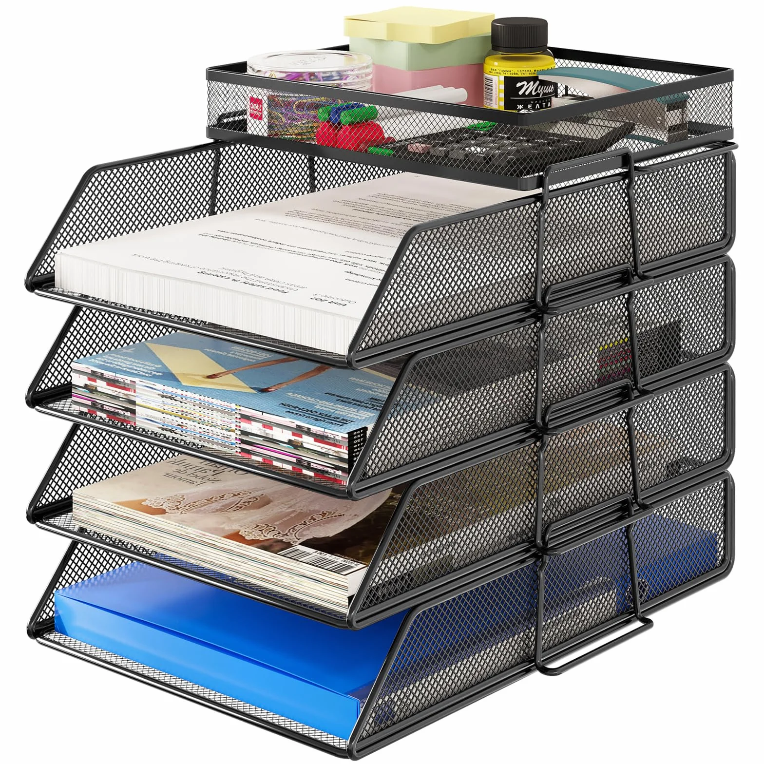 TQVAI 4 Niveles Organizador Escritorio Bandejas para Cartas Oficina A4 Papeles, Organizador Documentos Revistero Archivador Material Oficina y Papeleria, Negro
