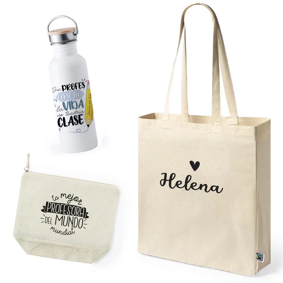 PACK REGALO PARA PROFESORA Botella De Agua Acero inoxidable, Bolsa de Algodón PERSONALIZADA y Neceser de Algodón Multiusos- Frase Motivadora - Agradecimiento Fin de curso Maestra