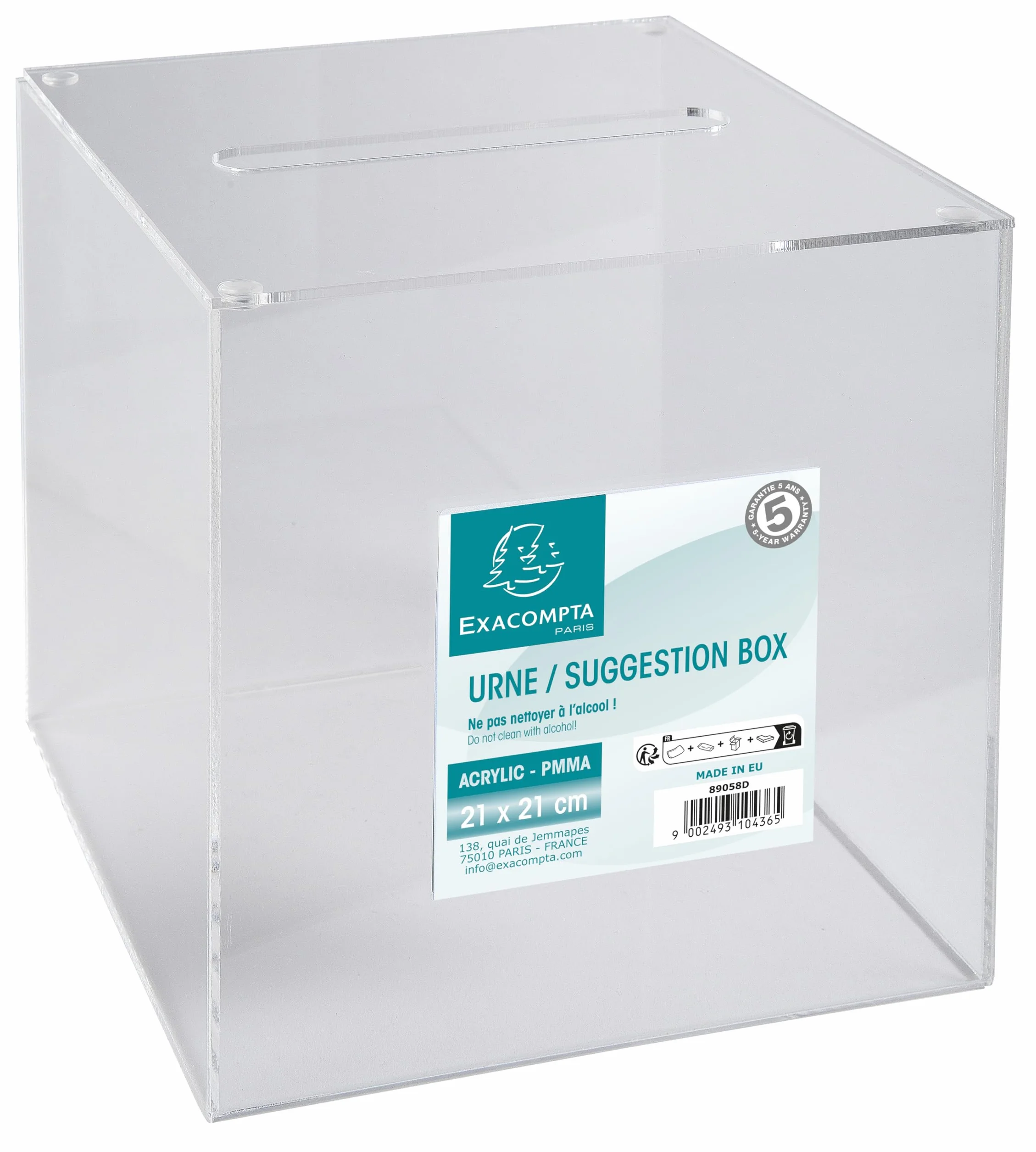 Exacompta - Ref. 89058D - 1 urna transparente con tapa 21 cm - Dimensiones 210 x 210 x 210 mm - PMMA (acrílico) scrutines, concursos, sorteos, donaciones benéficas, caja de ideas - Color Cristal