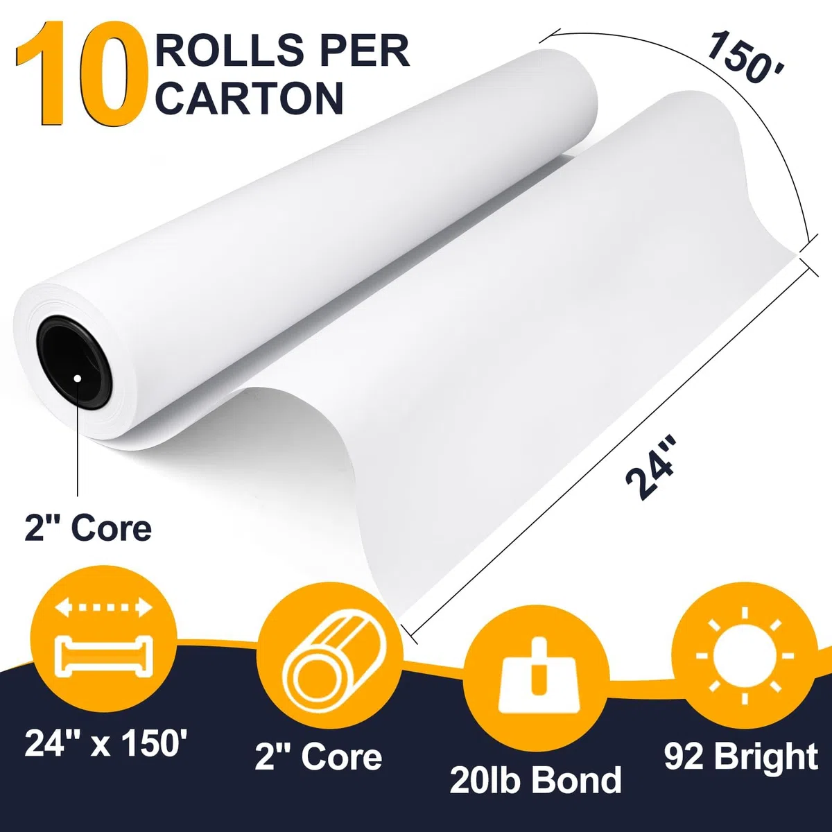VOISEN Papel de formato ancho, 2 rollos de papel para plóter de 24 pulgadas x 150 pies, rollos de papel CAD, 20 libras, 24 rollos de papel en núcleo de 2 pulgadas para impresión CAD en impresoras de