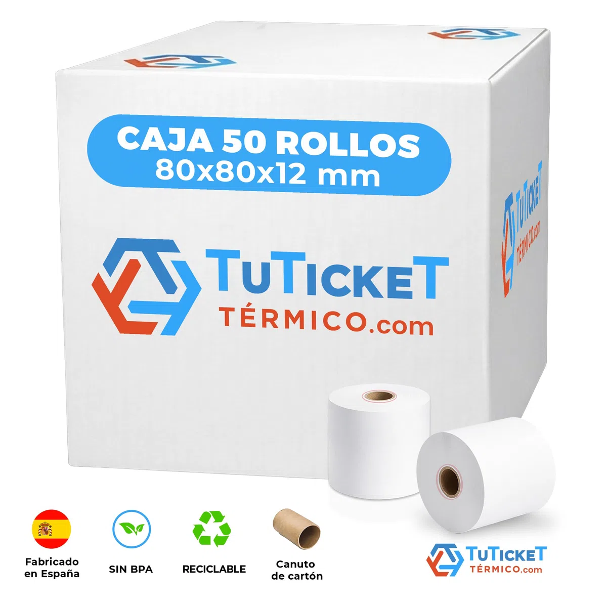 Rollo de Papel Térmico 80x80x12 mm (50 unidades) para Impresora Térmica de Ticket, Caja Registradora y demás TPV. Sin Bisphenol A. PEFC. Producto C.E.