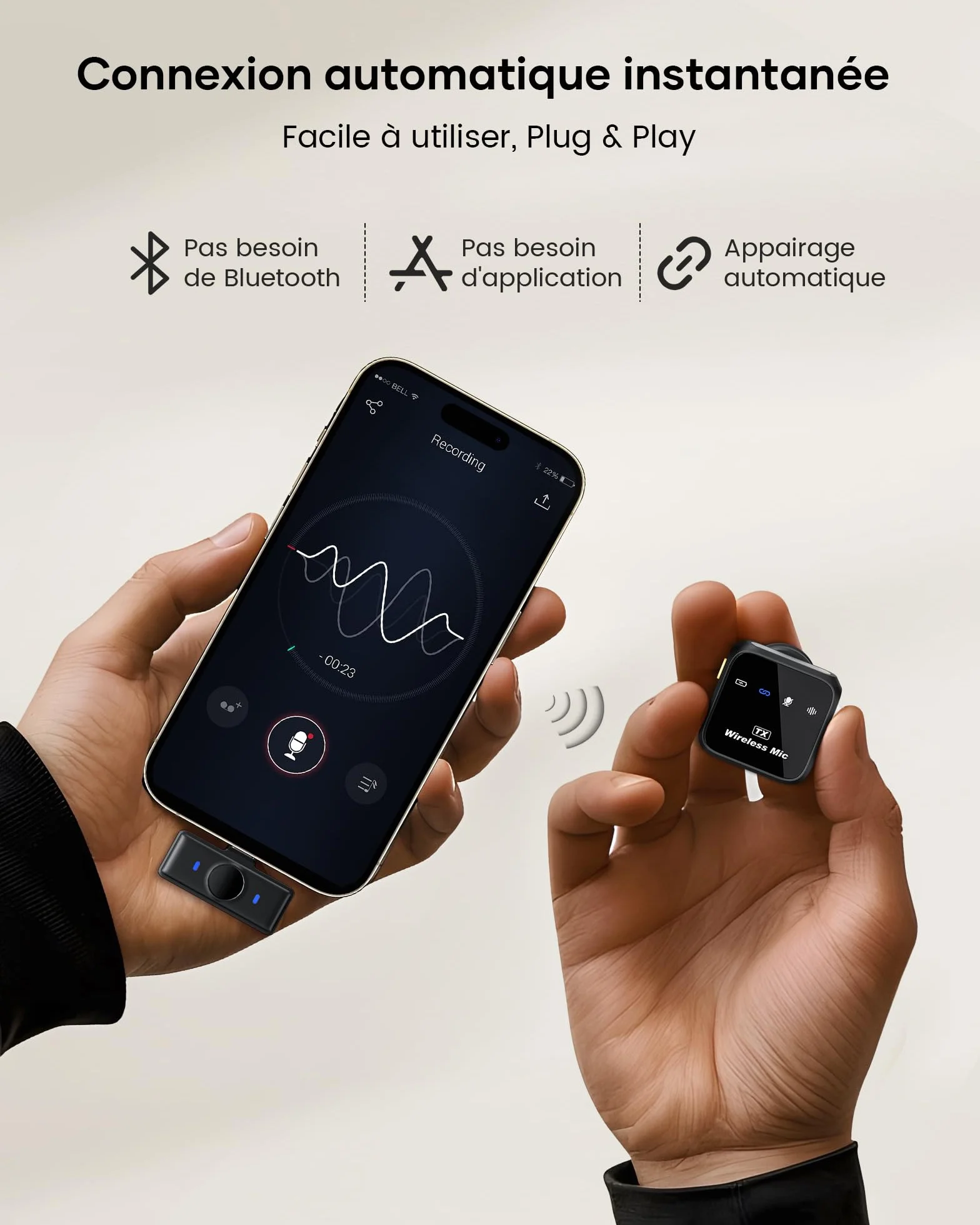 KUKIHO Microfono inalambrico Mini de Solapa para iPhone y Android, Clip para Video Vlogs YouTube TikTok Podcasts, Estuche de Carga, 80h autonomia, 50m Alcance