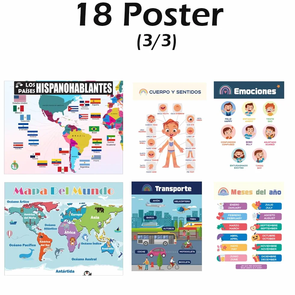 Clase de Español para Niños Poster, 18 Pósteres Bohemios Decoraciones Bilingües para Estudiantes de Primaria, Tablas de Aprendizaje Resistentes al Agua