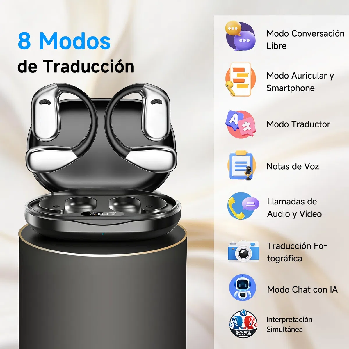 Auriculares traductores con IA en Tiempo Real: Dispositivo de traducción 3 en 1 con 144 Idiomas, traductor español-inglés, Auriculares traductores de oído Abierto para Viajes y Aprendizaje