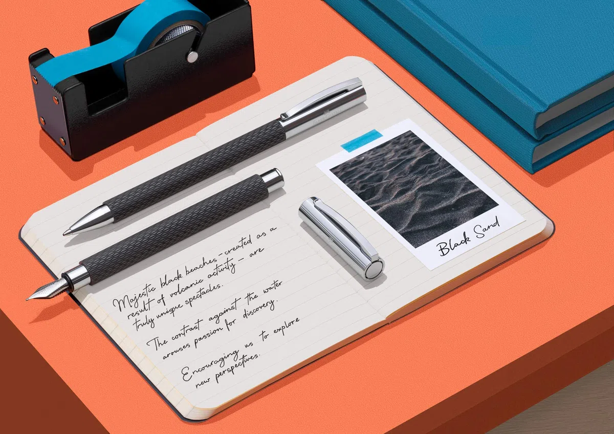 FABER-CASTELL - Pluma estilográfica Ambition OpArt Black Sand, plumín F | Pluma estilográfica con cuerpo de resina noble, plumín de acero inoxidable, cartuchos y convertidor, incluye estuche