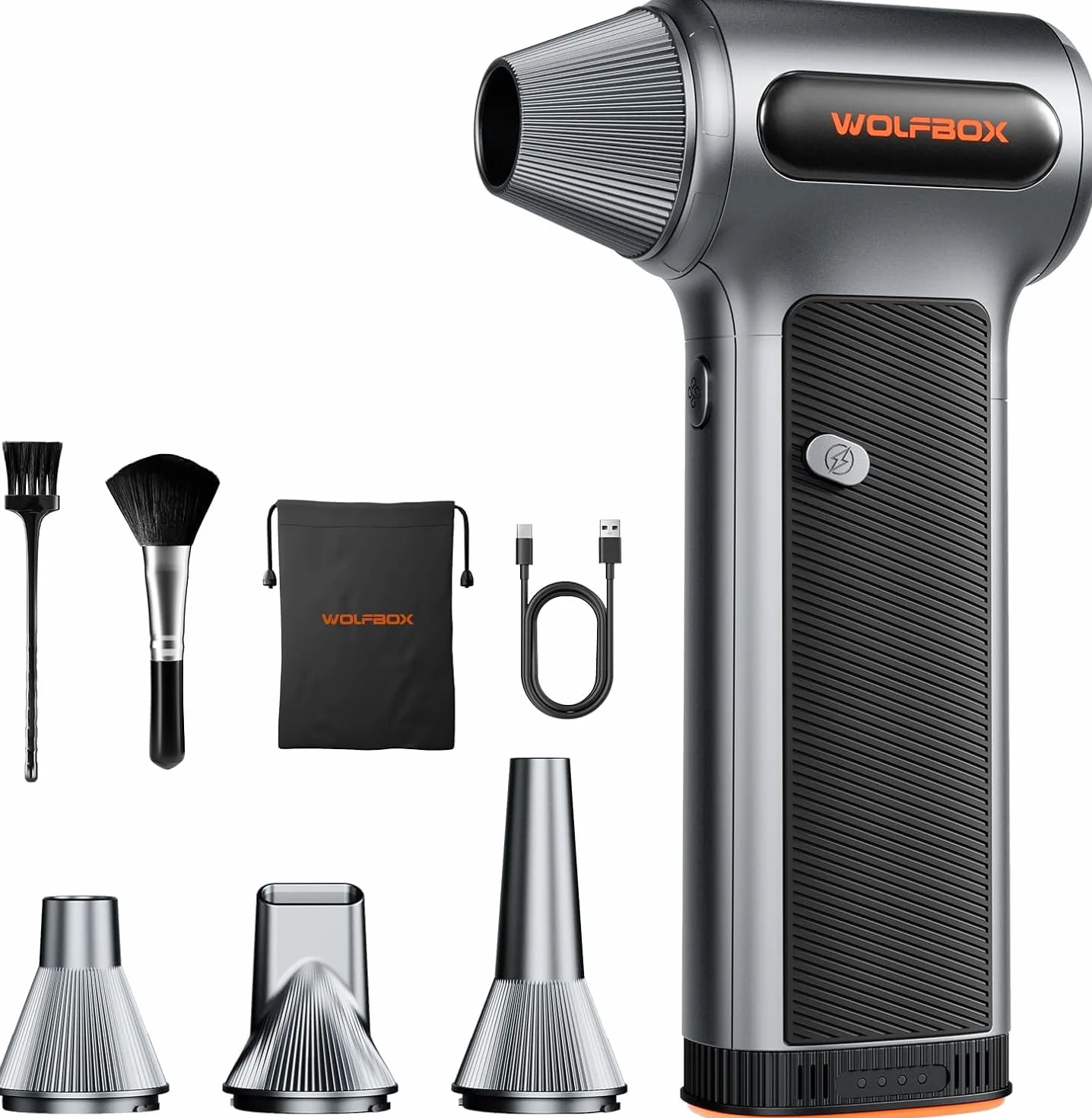 WOLFBOX MF200 Soplador de Aire Potente con Batería Extraíble, Aire Comprimido Limpieza PC, Mini Soplador Eléctrico Inalámbrico 87,5 m/s 3 Velocidades, 4 Boquillas para Teclado, Coche, Hogar