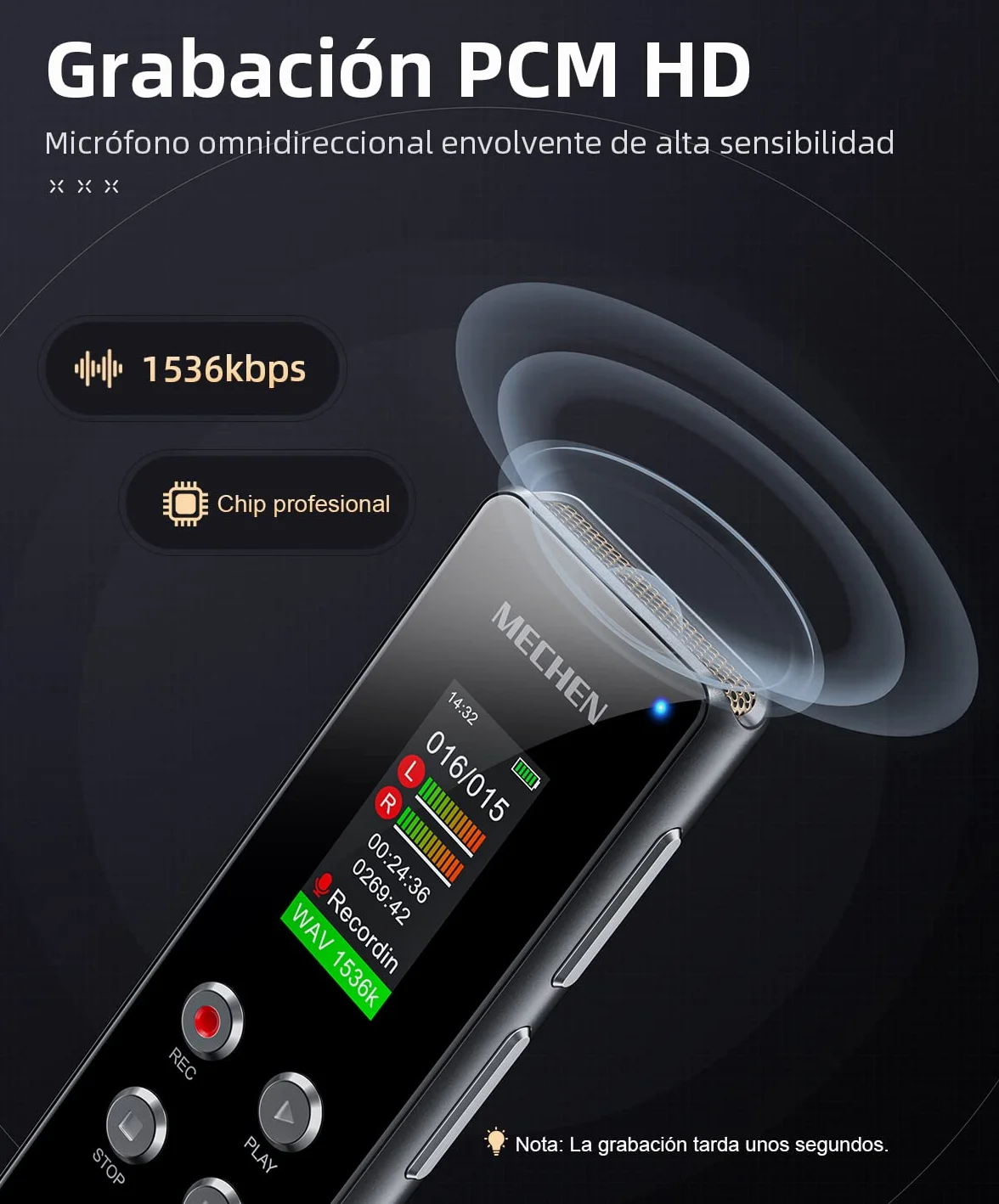 MECHEN Grabadora de Voz 64GB HD Un Solo Clic 1536 kbps Reducción de Ruido Automática Reproductor MP3 Protección Contraseña Batería 300mAh