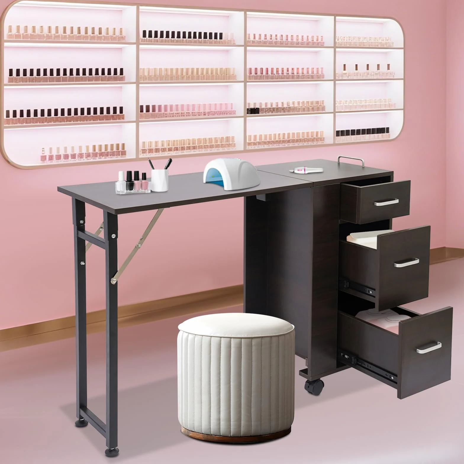 SailorMoon Mesa de uñas desmontable plegable, 104 x 38 cm, multifuncional, mesa de manicura con 3 cajones y 4 ruedas de freno, mesa de uñas, mesa de manicura, diseño de mesa de manicura para