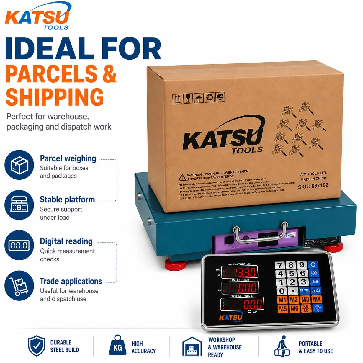 KATSU Balanza Industrial de Plataforma 100kg 10g Electrónica Recargable Báscula Postal Digital LED 32x42cm Plataforma Acero Inoxidable