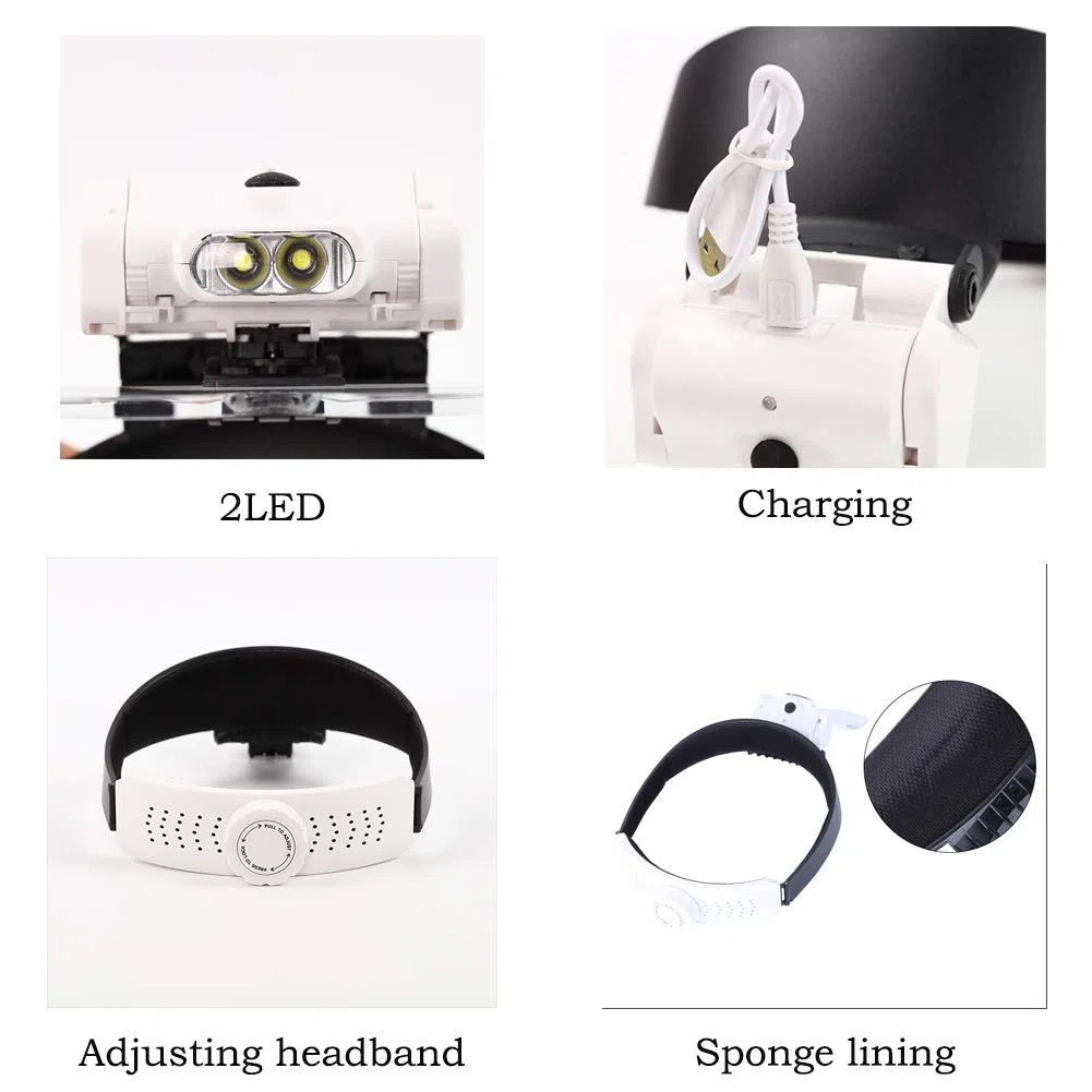 Lupa, visera manos libres para la cabeza de 1,0 x a 3,5 x dobladillo con 5 lentes desmontables montados en la cabeza, 2 lupas con iluminación LED para lectura, lupa de joyería, reloj y electrónica
