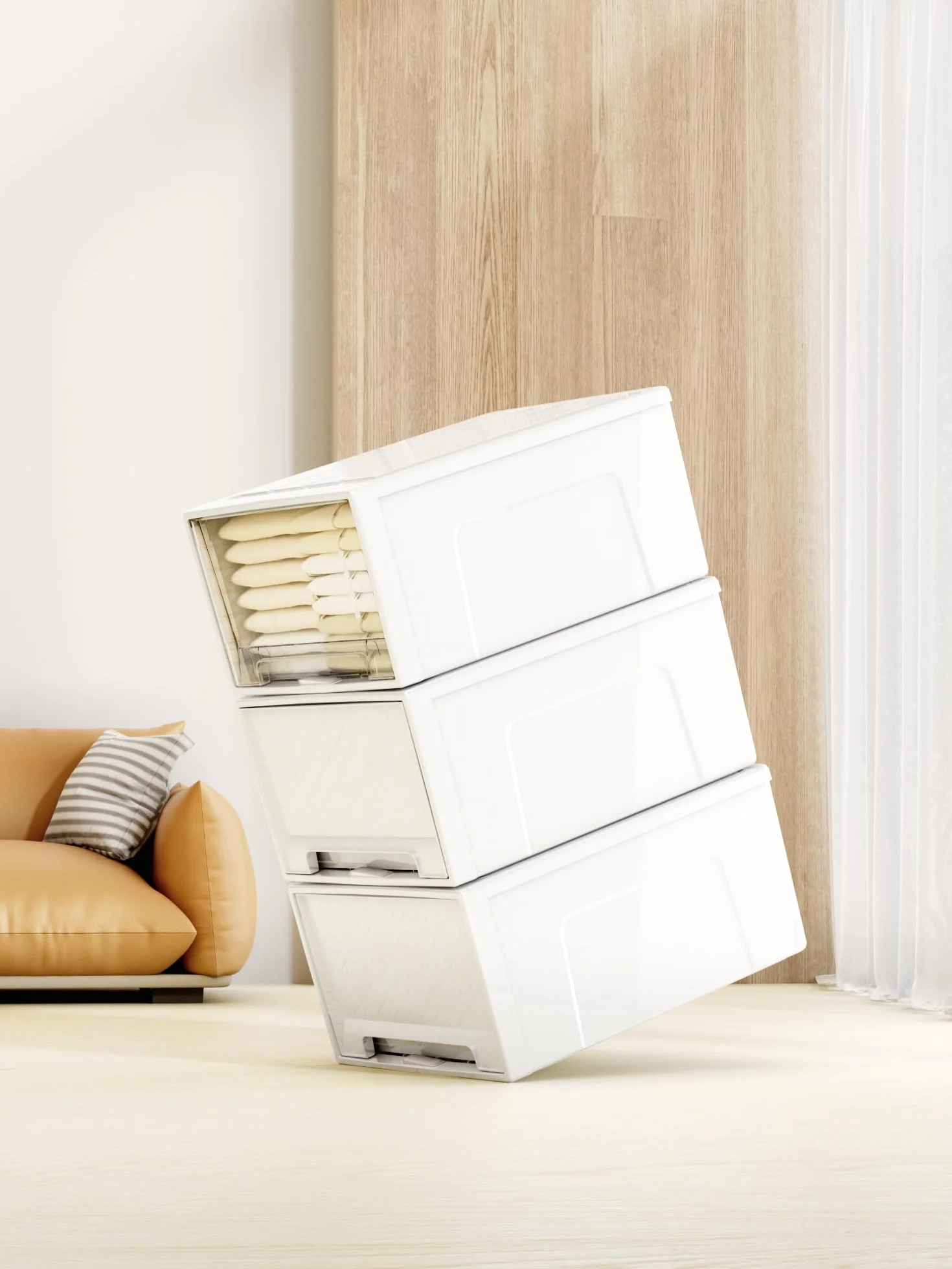 Cetomo 50L*3 Cajones de Almacenamiento de Plástico, Organizadores para Escritorio de Oficina, Caja de Almacenamiento, Torre Apilable para Cosméticos, Resistente, Blanco, Transparente, 50L-3 Unidades