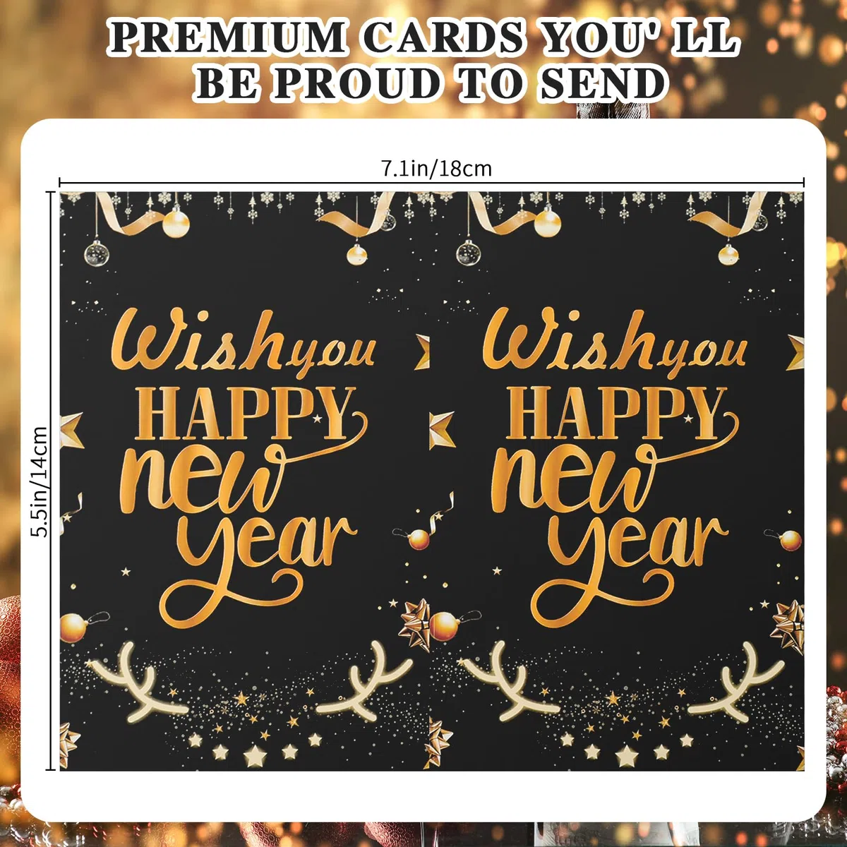 Resurhang 100 juegos de tarjetas de felicitación de Año Nuevo con sobres y calcomanías, papel de aluminio negro, tarjeta de notas en blanco para fiestas familiares, regalos de vacaciones, suministros