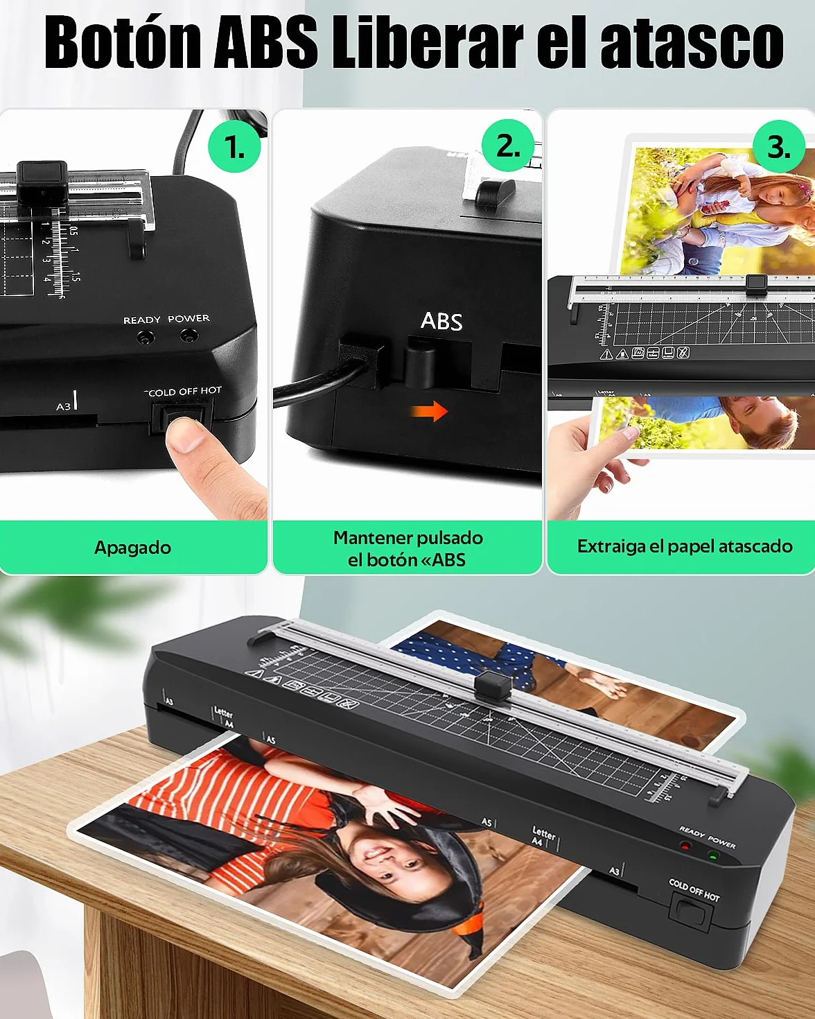 Plastificadora A3 Calentamiento Rápido 70 Segundos, Máquina Laminadora Frío y Caliente con Cortador Integrado y 50 Bolsas