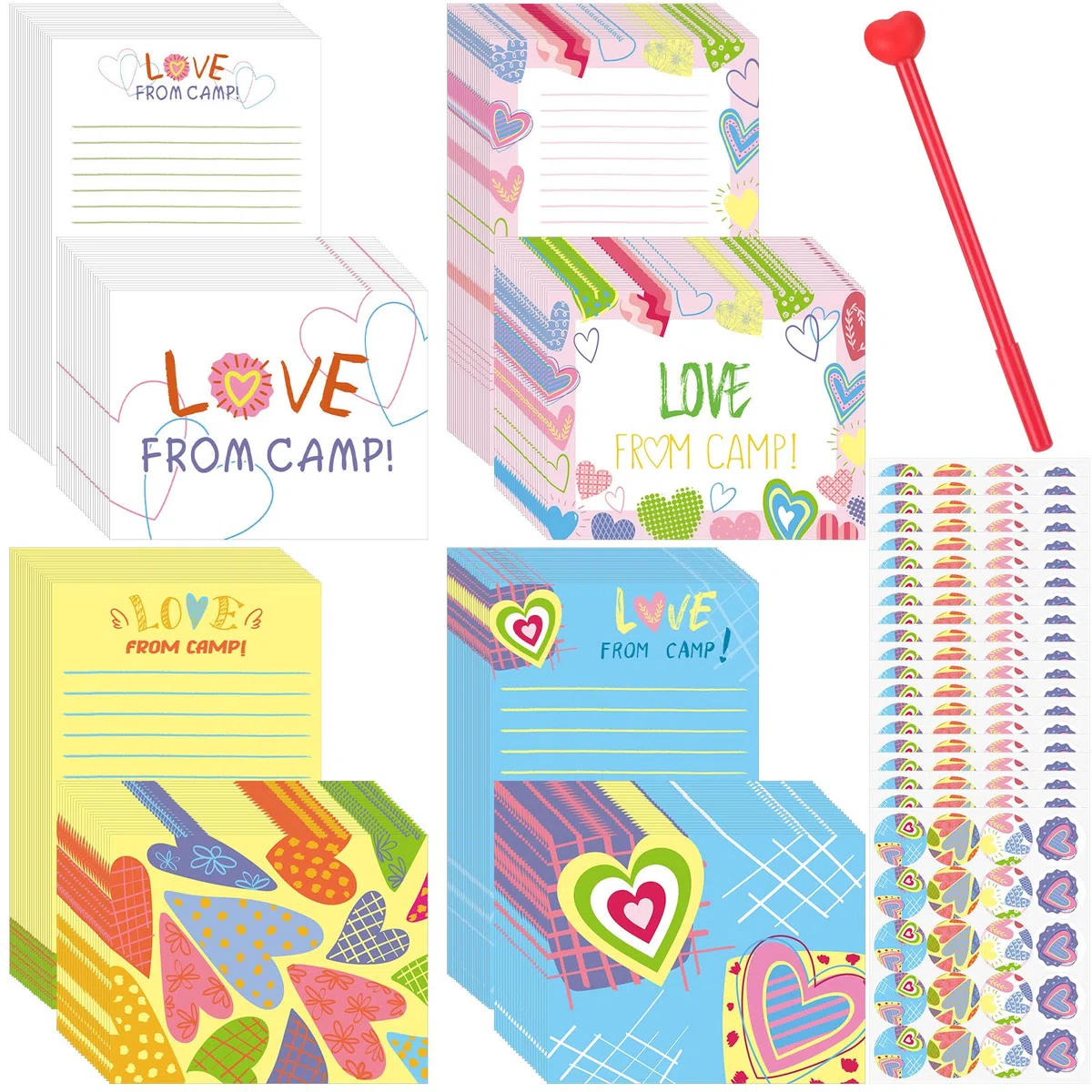 Motipuns El juego de 61 piezas de papelería de corazones de campamento incluye 20 hojas de notas con líneas, 20 sobres, 20 calcomanías y un bolígrafo para fiestas de cumpleaños, campamento,