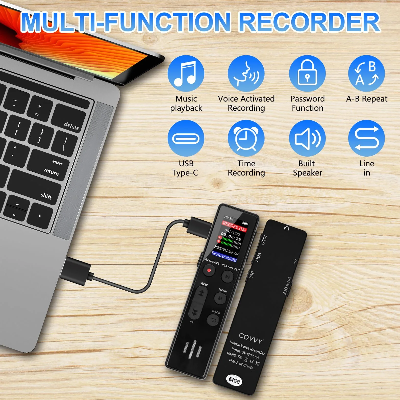 Grabadora de Voz COVVY 64 GB Activada por Voz Portátil con Reproducción Mini Dispositivo de Grabación para Entrevista Clase Reunión
