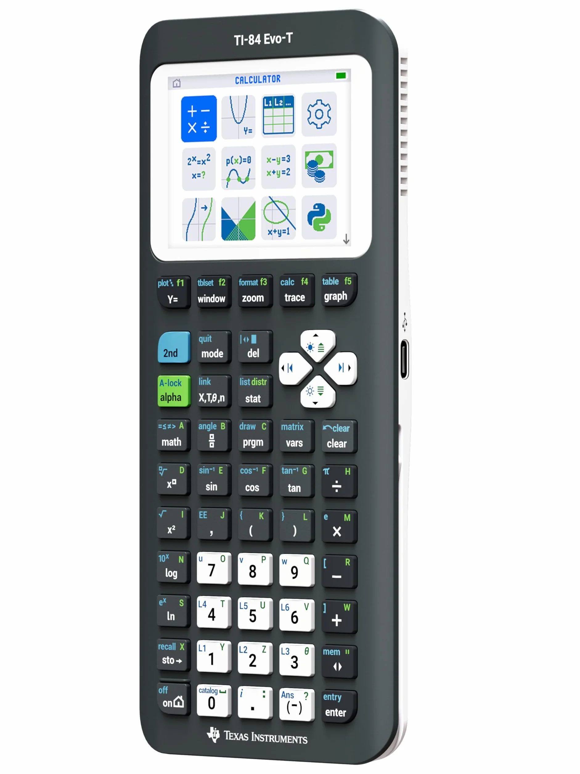 Texas Instruments TI-84 EVO-T, Calculadora Gráfica con Pantalla a Color, Recargable, USB-C, Python, Modo Examen