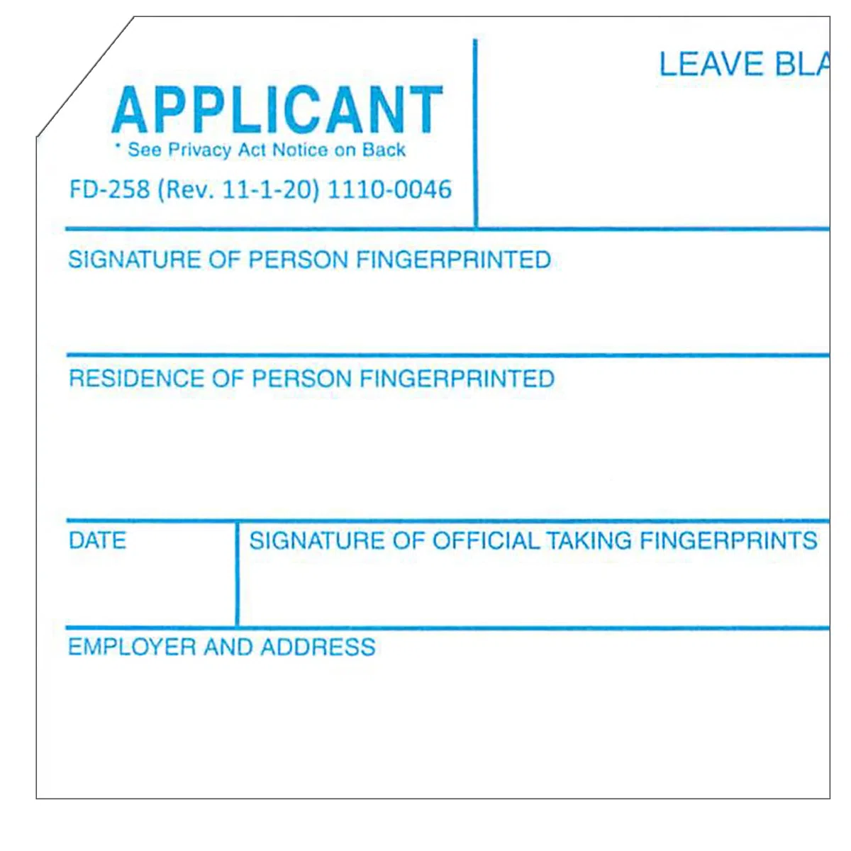 FBI Fingerprint Cards, Applicant FD-258, 5 Cards by