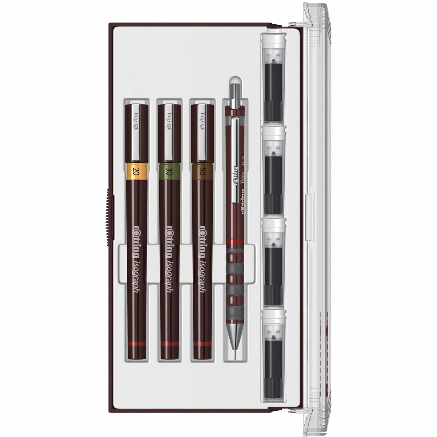 rOtring - Set de 3 Bolígrafos técnicos Isograph S0699320 Junior, 0.20 mm, 0.30 mm, 0.50 mm bolígrafos de punta fina y accesorios con cuaderno