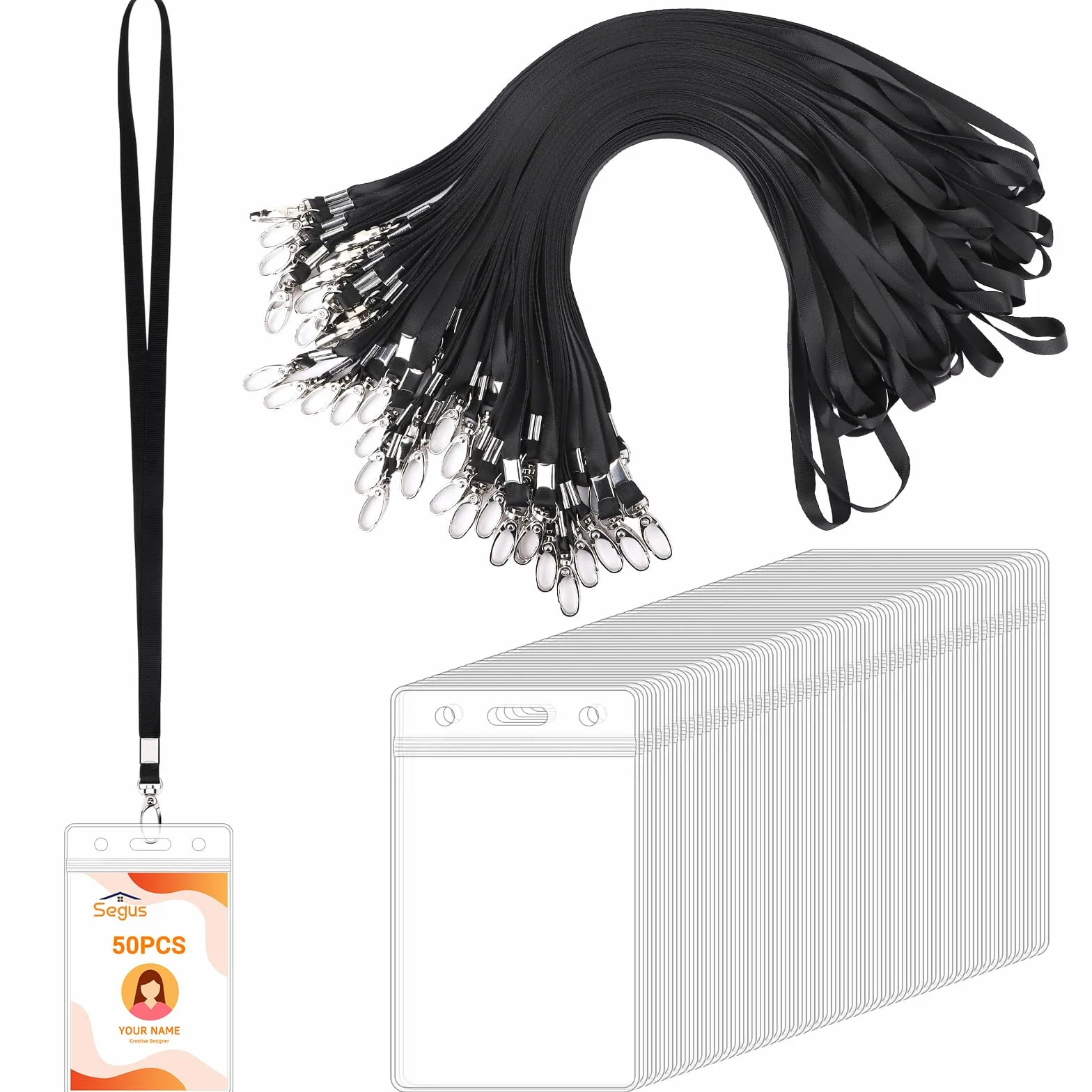 Segus Porta Tarjetas Colgante 50 Piezas Lanyard Negro Identificativas, Acreditaciones Colgantes, Cuelga Llaves Cuello