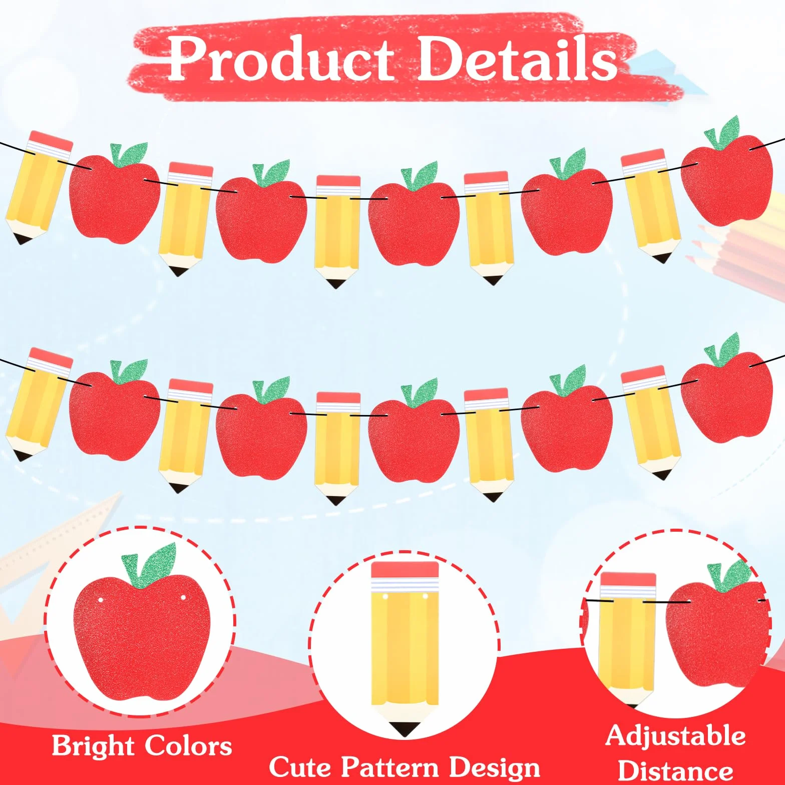 2 pancartas de lápiz de manzana para decoración de regreso a clases, decoración de primer día de clases, suministros de fiesta, cartulina roja y amarilla con purpurina