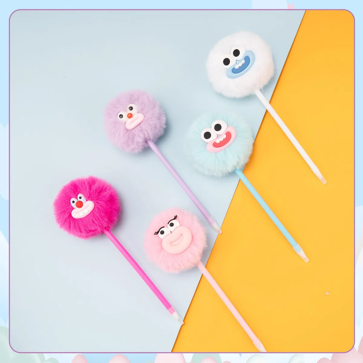 OMyFav 30 bolígrafos esponjosos con pompones lindos y divertidos bolígrafos kawaii para niños, animales de peluche coloridos para premios de aula, suministros de oficina