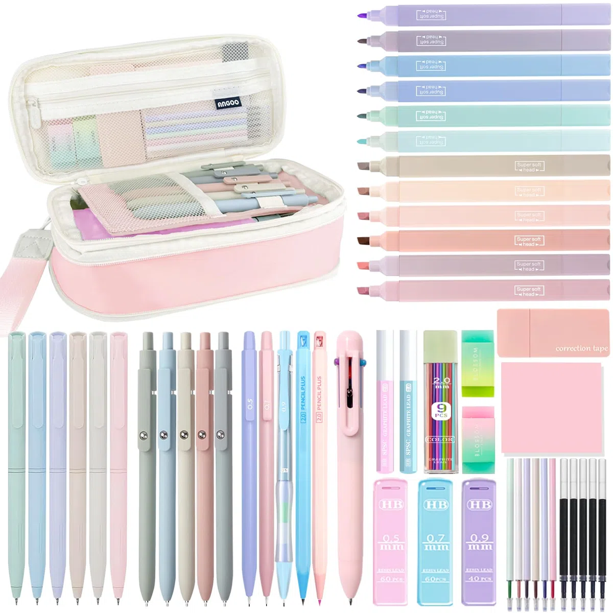 53 artículos escolares estéticos con bonito estuche, 12 resaltadores pastel, 5 bolígrafos negros y 6 bolígrafos de gel de tinta de color, bolígrafos, 4 lápices mecánicos de 0.5 a 2.0 mm, para juego de