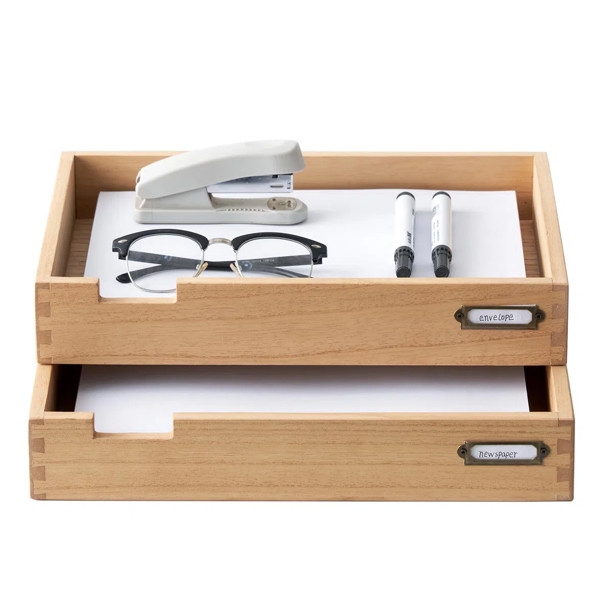 KIRIGEN Bandeja organizadora apilable de Madera para Cartas de Oficina (Juego de 2) Bandeja Doble de Madera para Organizador de Escritorio Color Natural