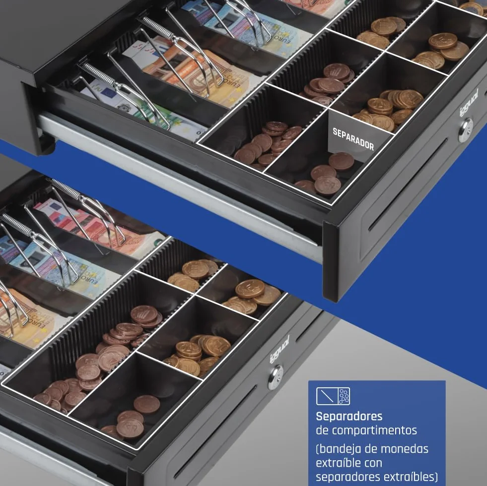 iggual - Cajón Portamonedas IRON-70 -Caja Efectivo Registradora Manual o Automática para 5 Billetes y 8 Moneda -Cerradura 3 Posiciones -Material Acero+Plástico -Uso profesional -Negro (44,5x42,5x 9)