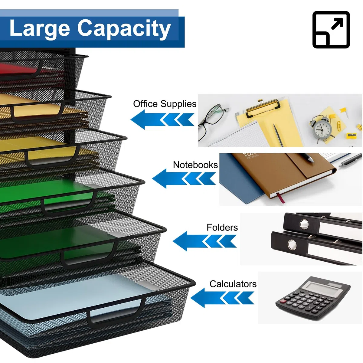 PUNCIA Organizador de archivos de malla con 6 cajones, organizador de documentos de escritorio, suministros de oficina y accesorios, almacenamiento de papelería, carpeta de papel A4, bandeja de