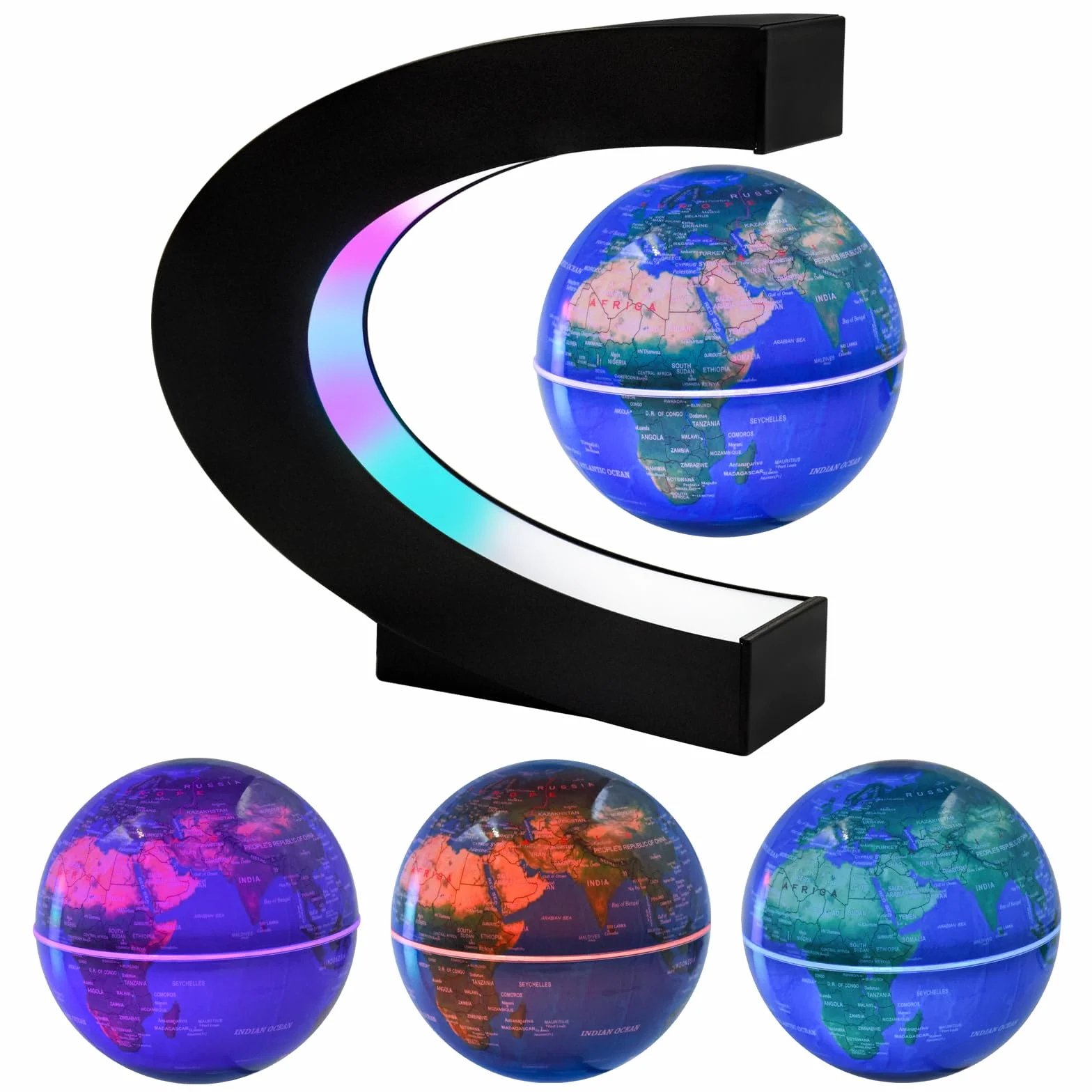 Globo mundial flotante luminoso con luces LED de 7 colores, globo giratorio automático en forma de C, mapa del mundo de levitación de campo magnético, decoración educativa para el hogar