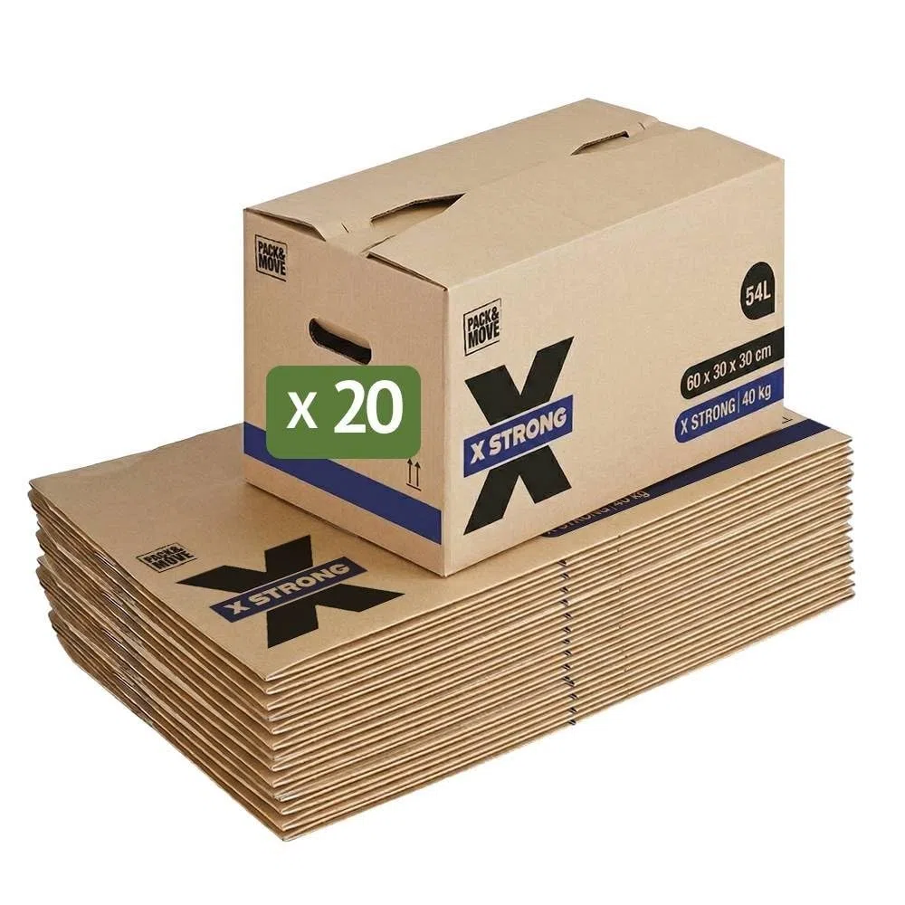 Pack and Move – Lote de 20 cajas de desplazamiento X Strong – 60 x 30 x 30 cm – Carga 40 kg – Extrema resistencia – Gran capacidad