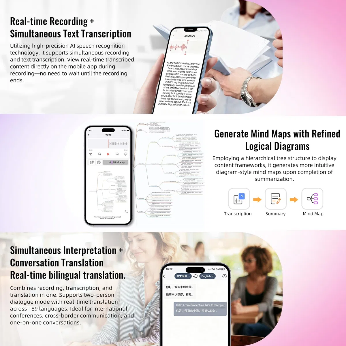Grabadora de voz IA, grabadora de voz de 64 GB con soporte magnético, transcripción, mapa mental y resumen a través de la aplicación, compatible con 189 idiomas, grabadora digital portátil para