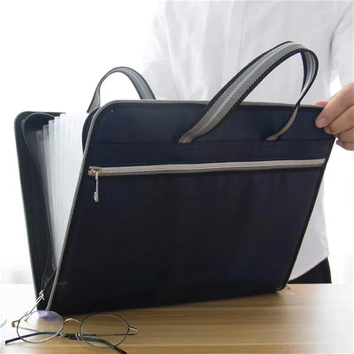 Carpeta Clasificadora Carpeta de lona y cuero for oficina, 12 capas, cartera expansible, organizador de documentos, carpeta de archivos A4, 36x28cm, bolsa de gran capacidad para Oficina/Negocios/Estud