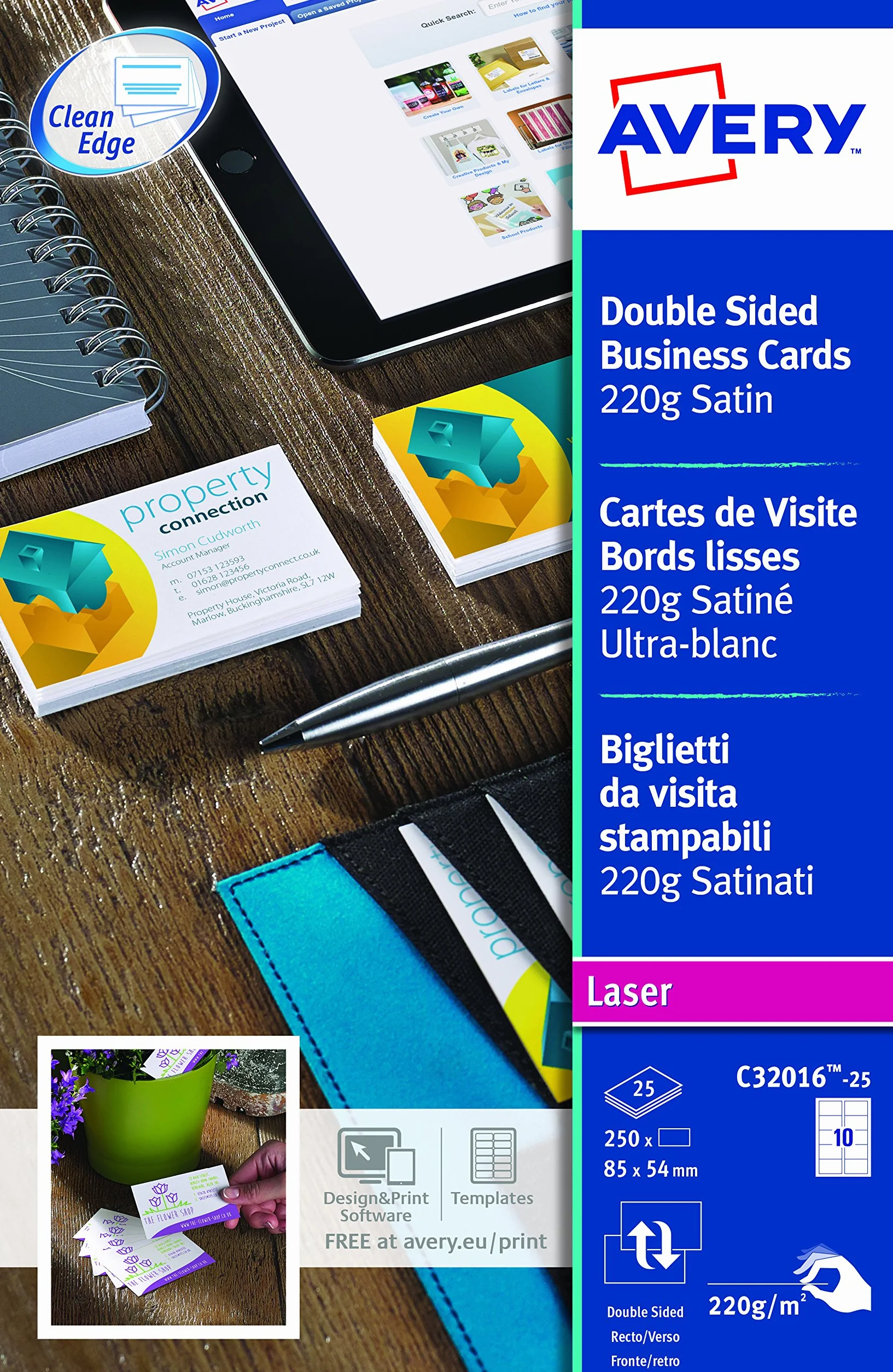 Avery España C32016-25 Tarjetas de visita balncas,85 x 54 mm imprimible doble cara para impresora láser 10 tarjetas por hoja