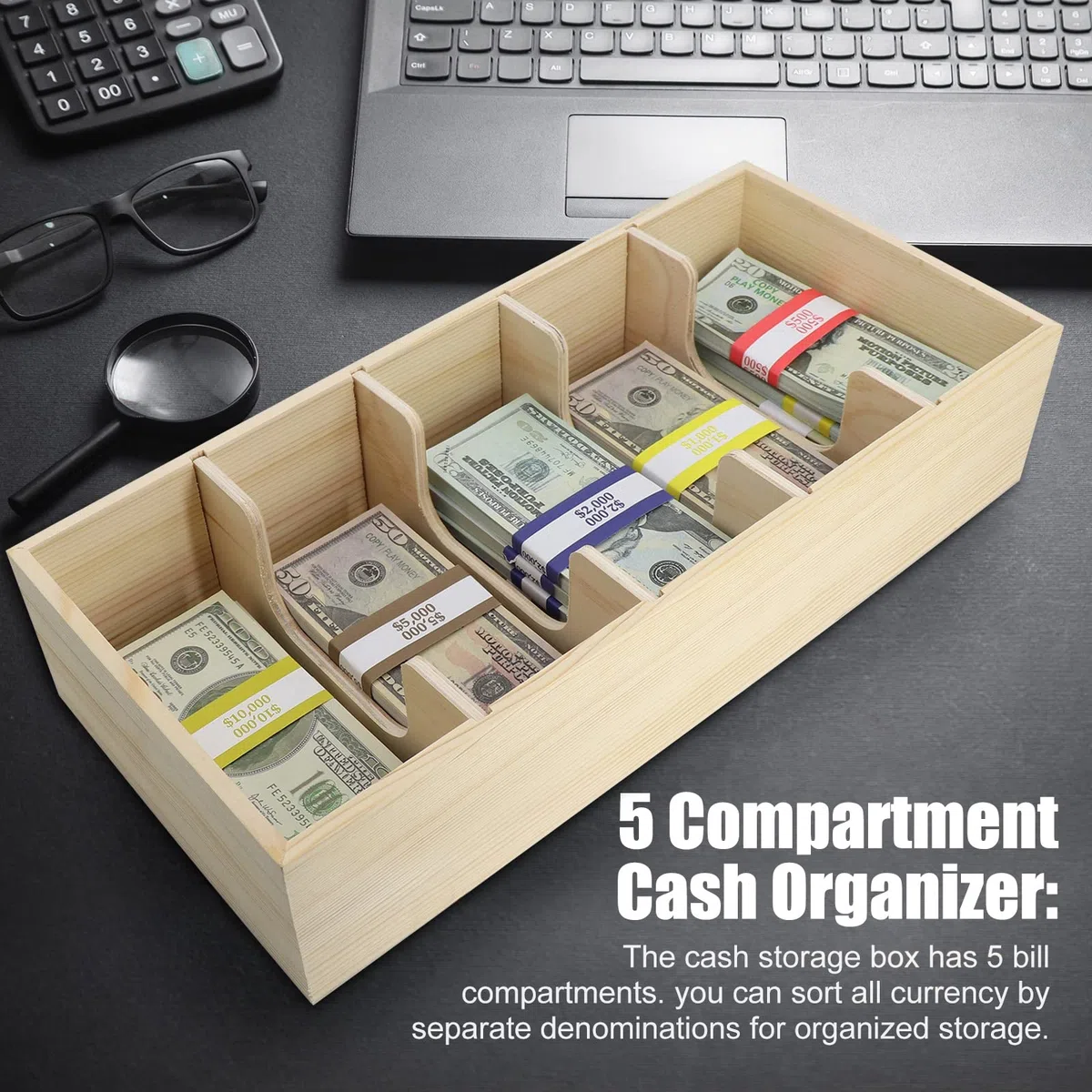 Bandeja de madera para dinero en efectivo con 300 envoltorios de monedas, 5 compartimentos de madera para dinero en efectivo, caja de cambio para dinero en efectivo, cajas de dinero en efectivo