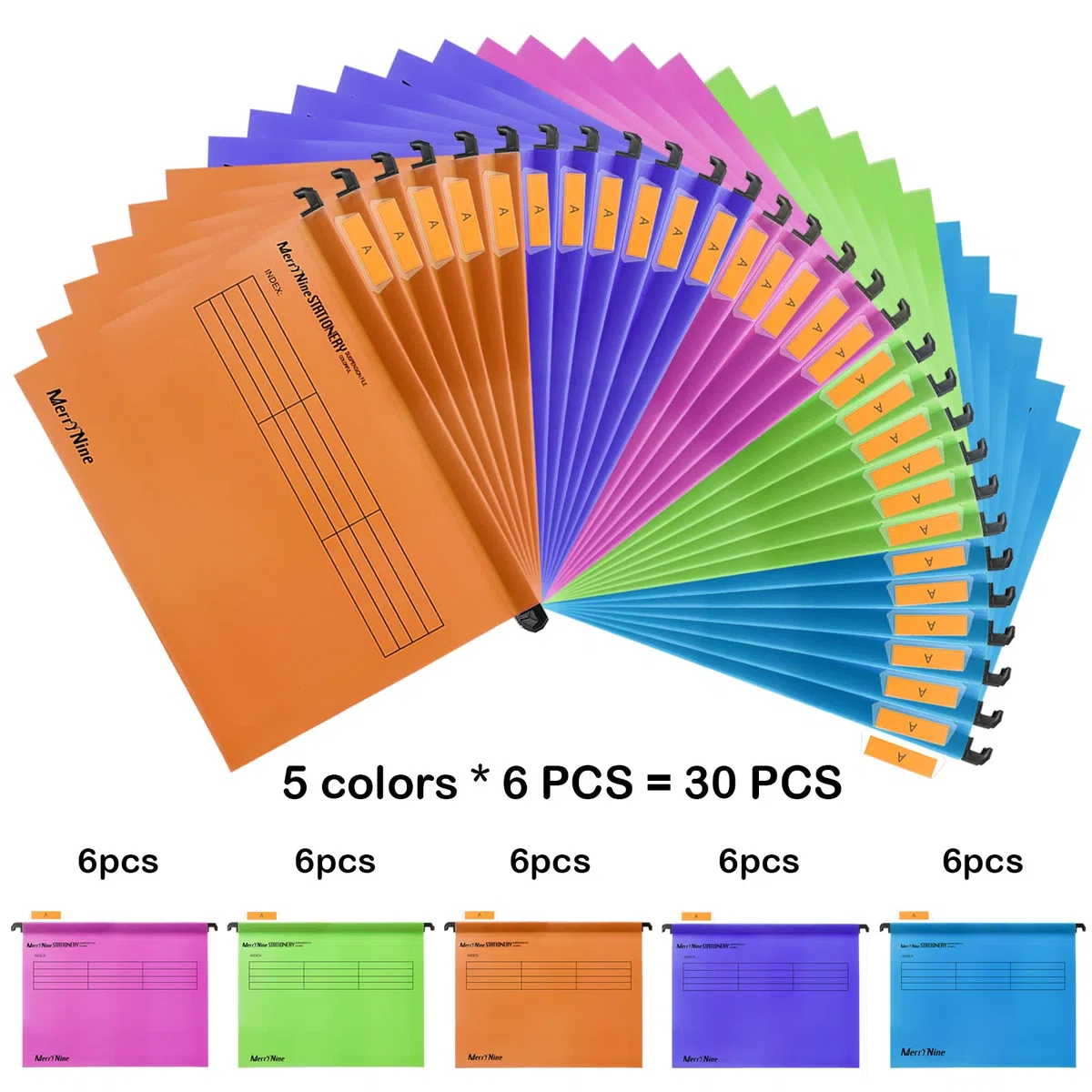 MerryNine - Archivadores colgantes A4, 30 unidades, de polipropileno, con pestañas e insertos de tarjetas para la escuela, hogar, trabajo, oficina (30, colores mezclados)