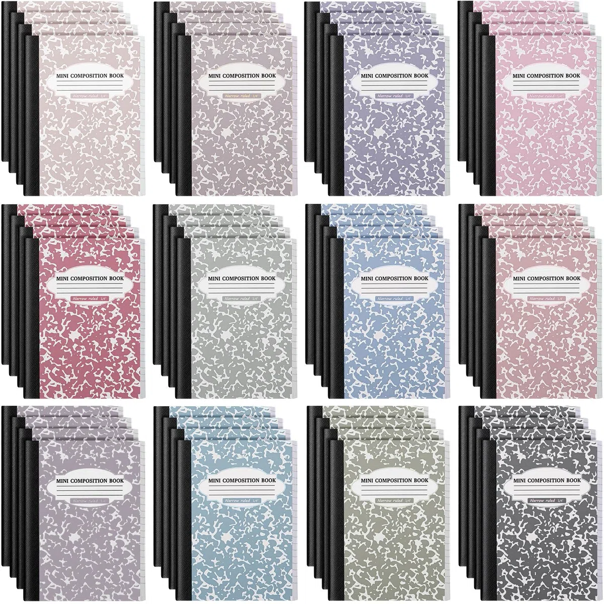 Colarr Paquete de 48 mini cuadernos de composición, cubiertas de mármol surtidas de 4.5 x 3.25 pulgadas, mini cuadernos de bolsillo con rayas estrechas para escuela, oficina, 120 páginas (60 hojas