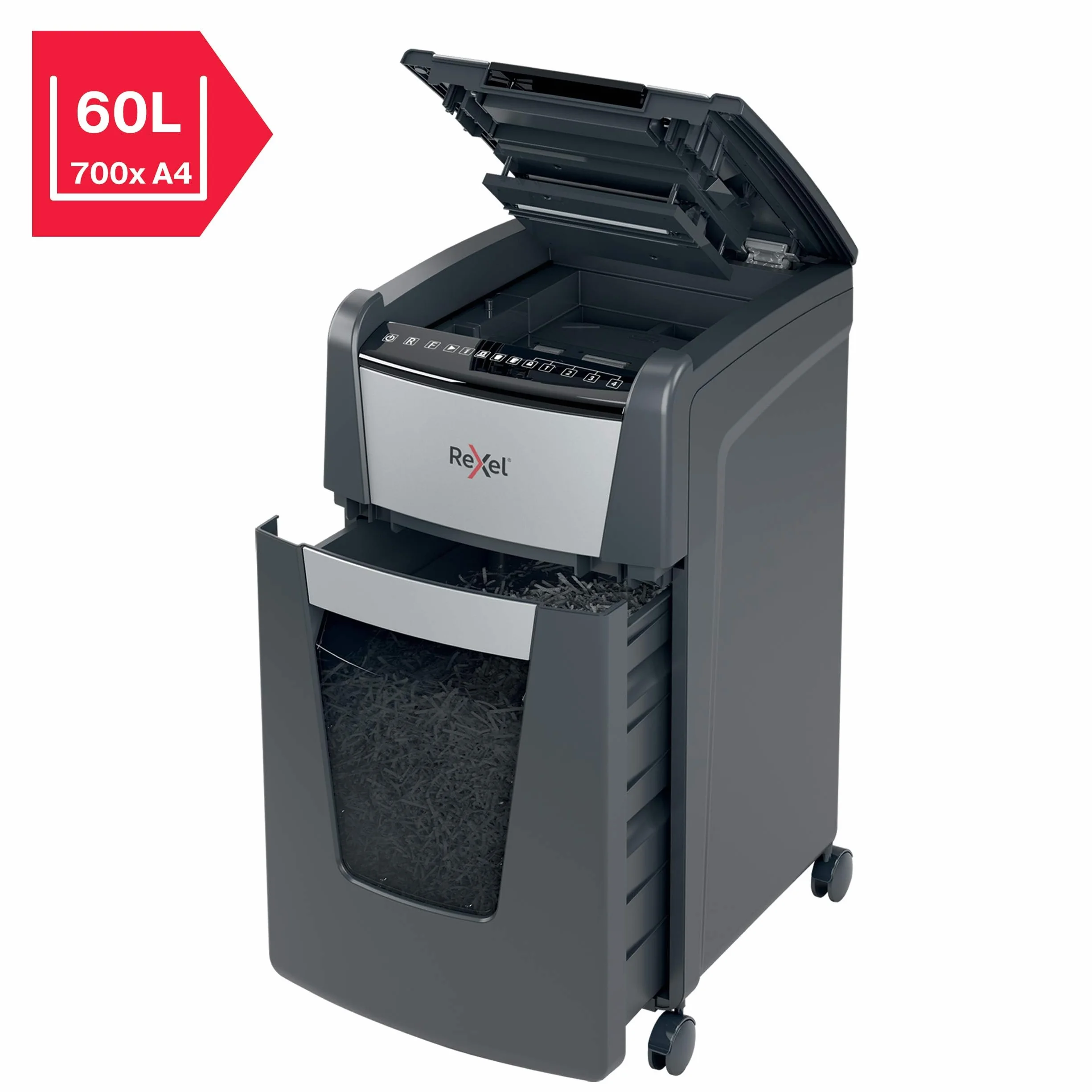 Rexel 2020300MEU - Destructora de Papel Automática Optimum AutoFeed 300M, Microcorte P-5 (2x15 mm), 300 Hojas A4, Papelera Extraíble 60L, Destruye Grapas y Clips, Uso en Oficina, Hasta 10 Usuarios