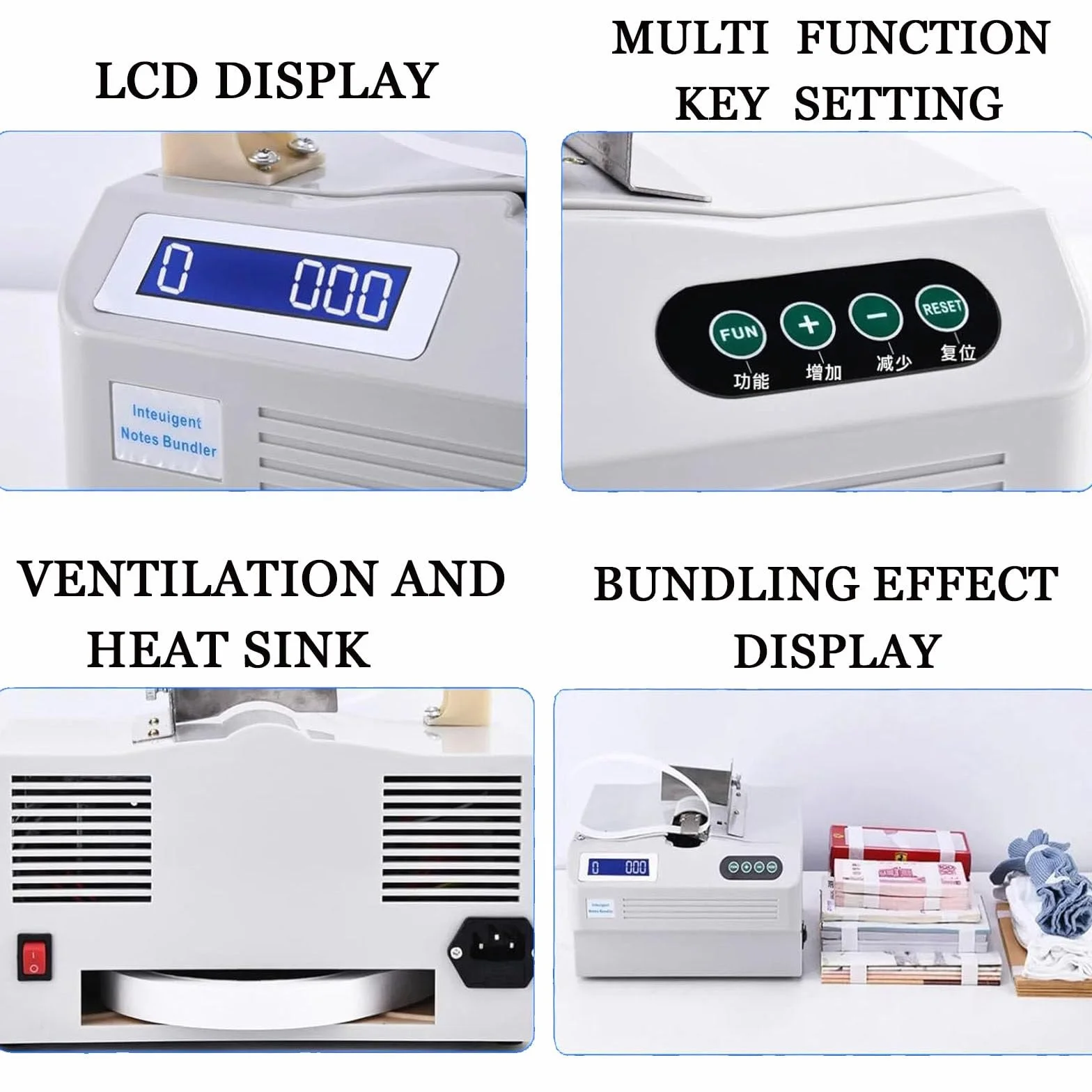 Máquina automática para empaquetar billetes, máquina para empaquetar efectivo rápidamente, máquina para empaquetar billetes escritorio con pantalla LCD, para finanzas y cajeros.