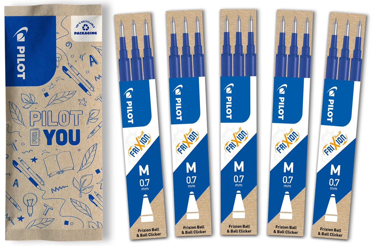 PILOT Caja de 5 set de 3 Recambios FriXion - Recambios para Bolígrafos borrables - Compatible con FriXion Ball y FriXion Ball Clicker - Azul - Punta Media (15 recambios)