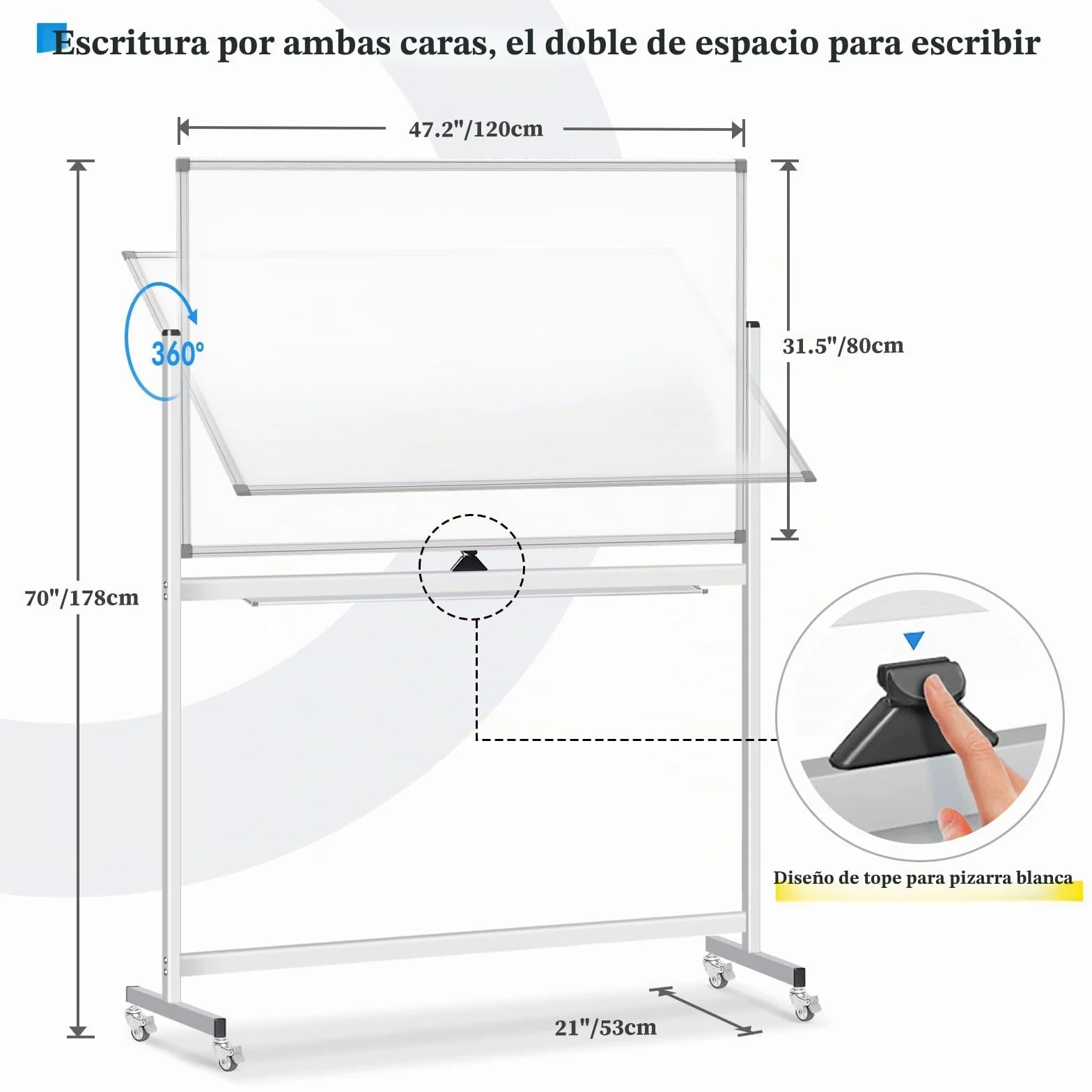 Pizarra Blanca Móvil 120 x 80 cm, Magnética Doble Cara, Marco Aluminio, con Accesorios