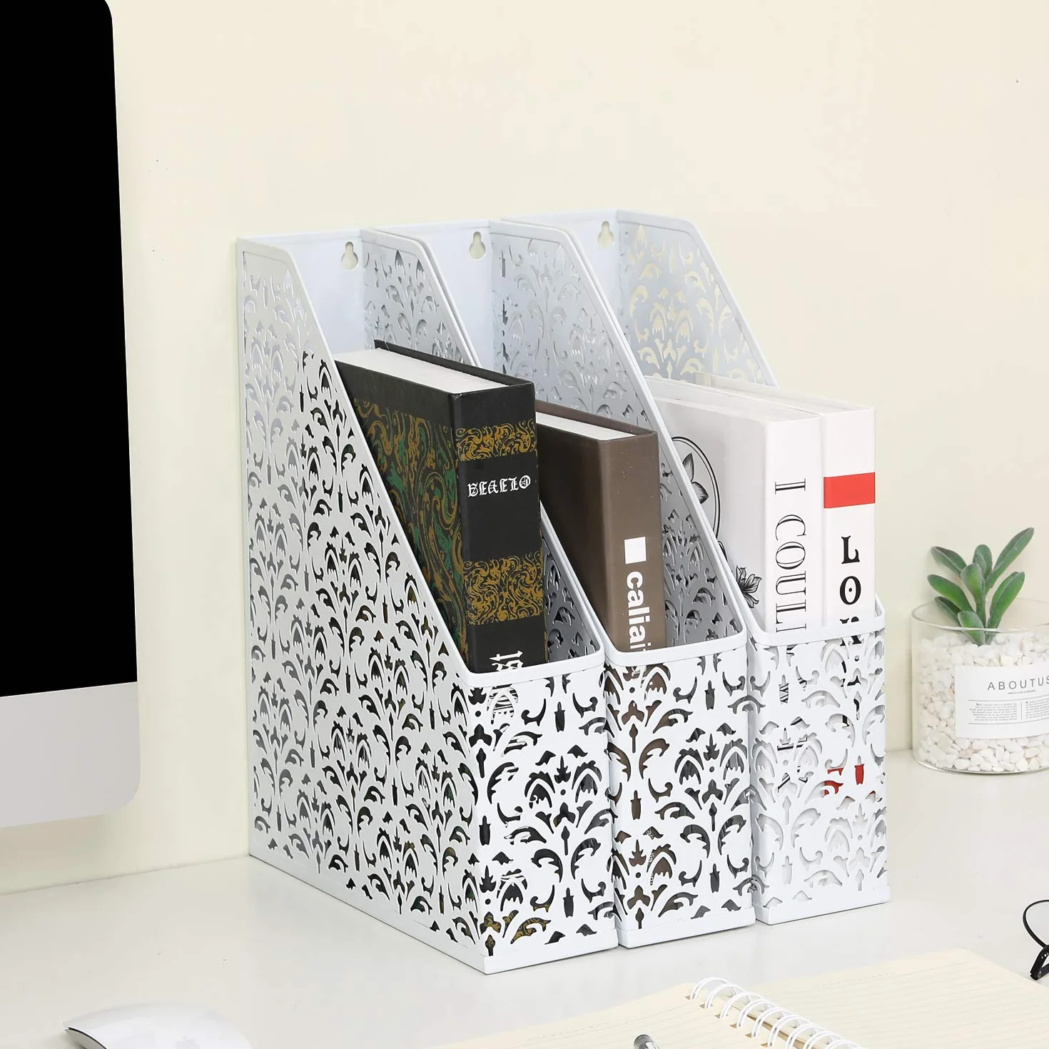 EasyPAG Paquete de 3 Metal Vertical Estante Revistero A4 Organizador Documentos Soporte Archivos Clasificador Papeles Almacenamiento Escritorio Bandeja Oficina,Blanco