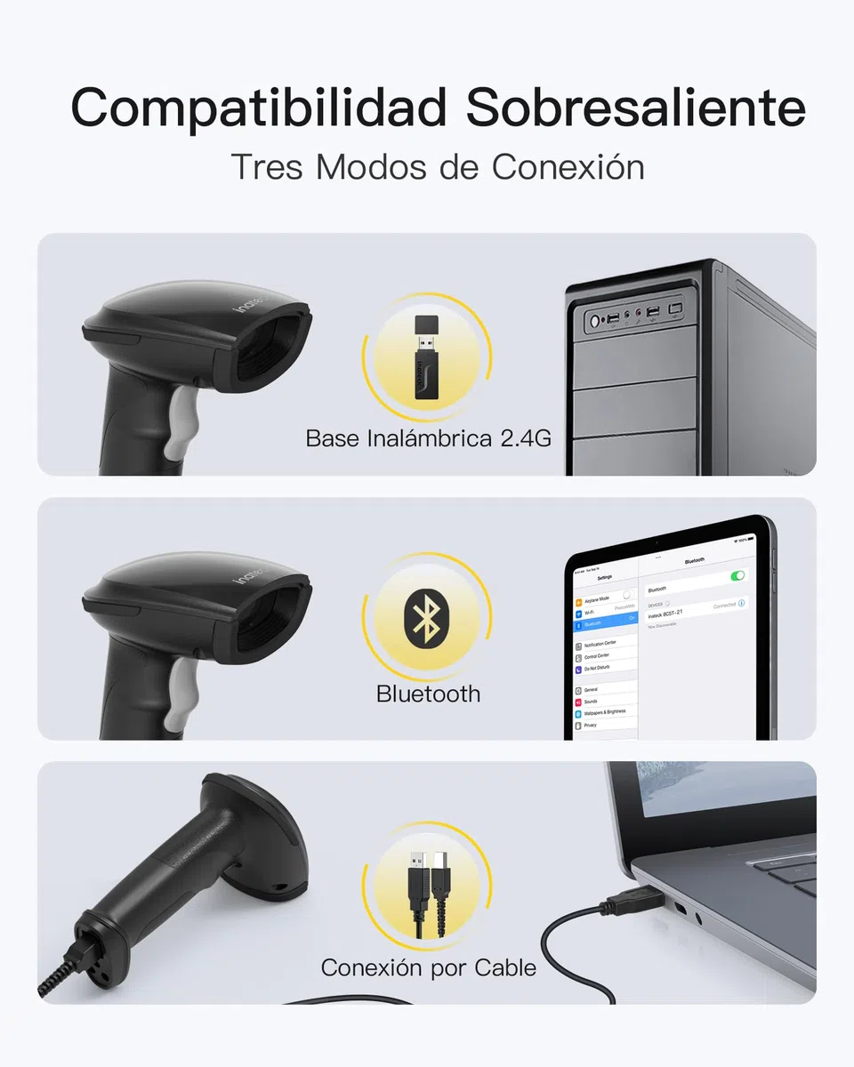 Inateck Escáner de Código de Barras Bluetooth, Lector de Código de Barras Inalámbrico USB 1D 2D Portátil, 1 Carga 3 Meses, Lector Código Barras con App y SDK, BCST-23, Oscuro