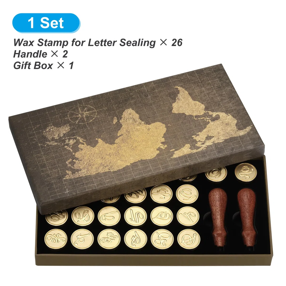 PATIKIL Kit de Sello de Cera del Alfabeto 26 Letras A-Z Sello de Cera para Sellado con 2 Mangos de Madera Caja de Regalo Cabeza de Latón Inicial Vintage Estilo 3